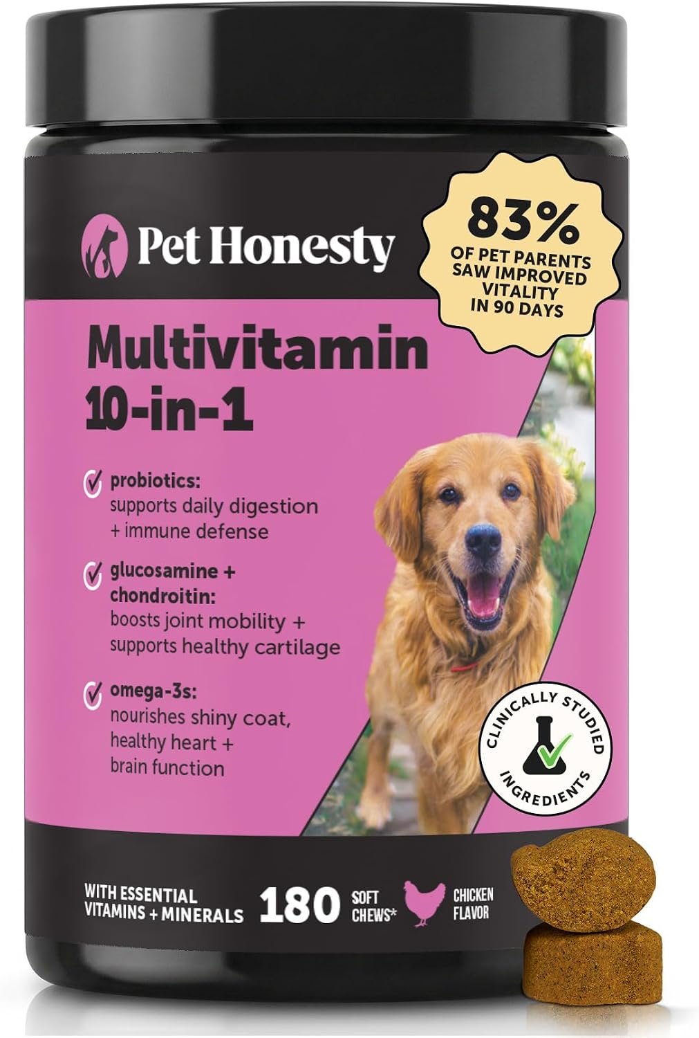 10-in-1 Dog Multivitamin Supplement with Glucosamine & Probiotics – Hip & Joint Support, Digestive Health, Immune Support, Heart & Skin – All-in-One Daily Vitamins & Omega-3s for Dogs (Chicken 180 Ct)