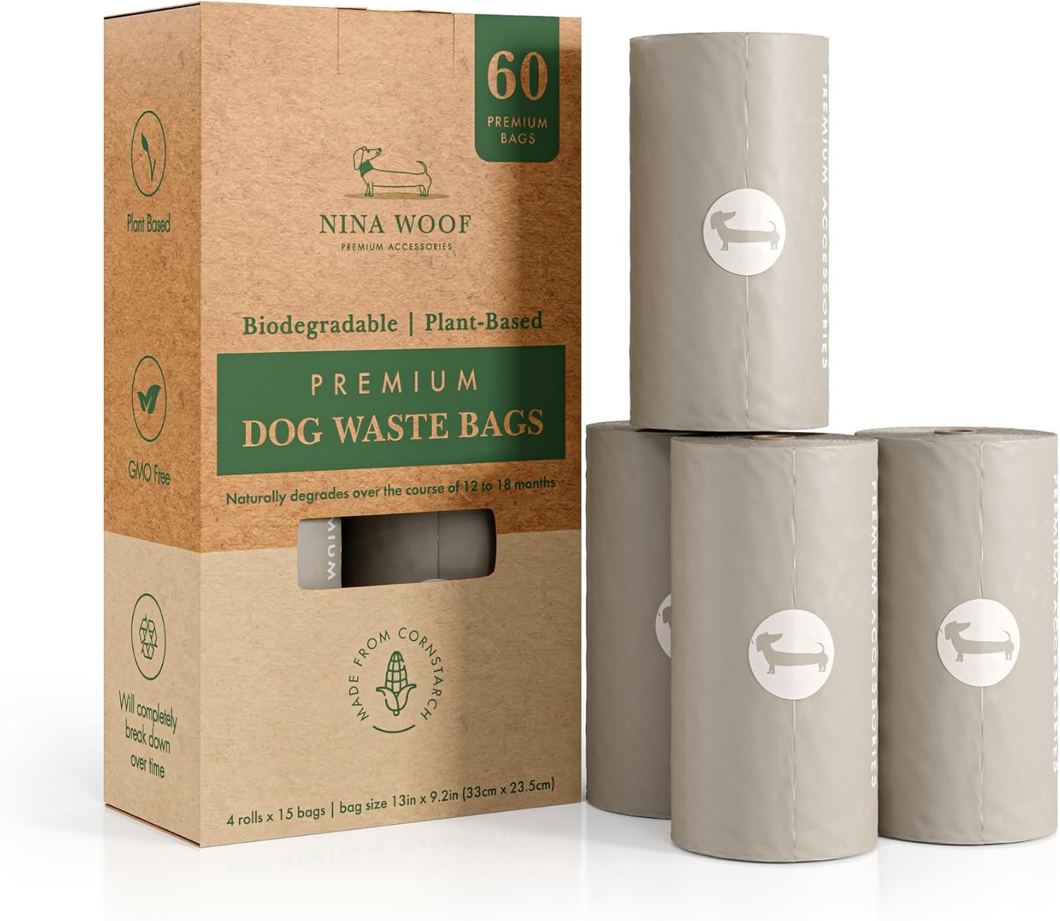 100% Certified Home Compostable and Biodegradable Dog Poop Bags – ASTM D6400 & EN 13432 Compliant Dog Waste Bags – 60 Bags – 4 x Rolls of Plant Based Compostable Poop Bag