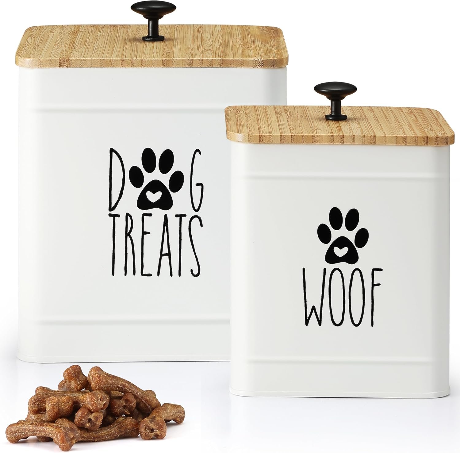 PERFNIQUE Dog Treat Container, Airtight Dog Treat Jar Set of 2, Dog Cookie Jar for kitchen Counter, Pet Treat Container, Dog Treat Canister and Storage, 7.8×6.2 & 7.3×5.5(White)