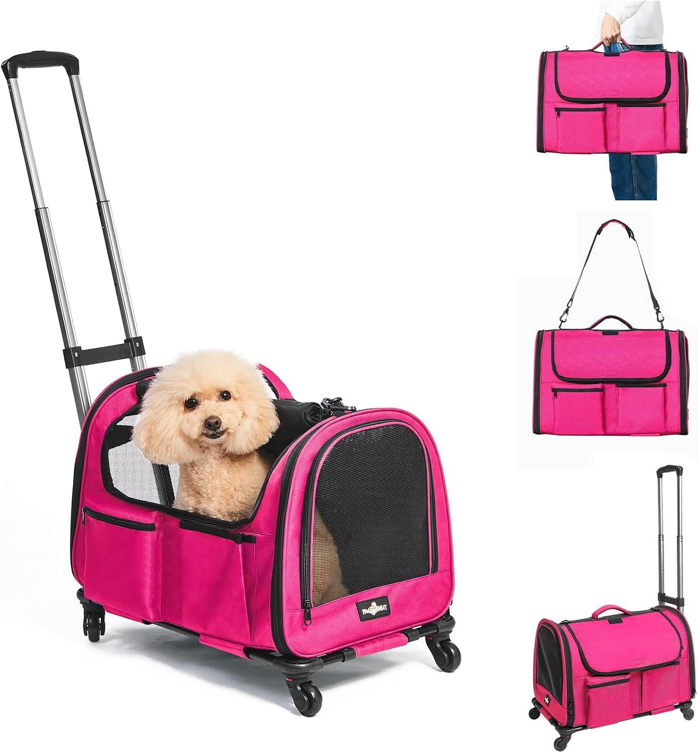 Large Pet Carrier with Wheels, Foldable Rolling Dog Carrier with Big Pocket, Cat Rolling Bag 21″x13″x13″ for 2 Cats &Dogs, for Travel, Outdoor, Vet Visits, Camping, Indoor.Pink. (Not for Airline)