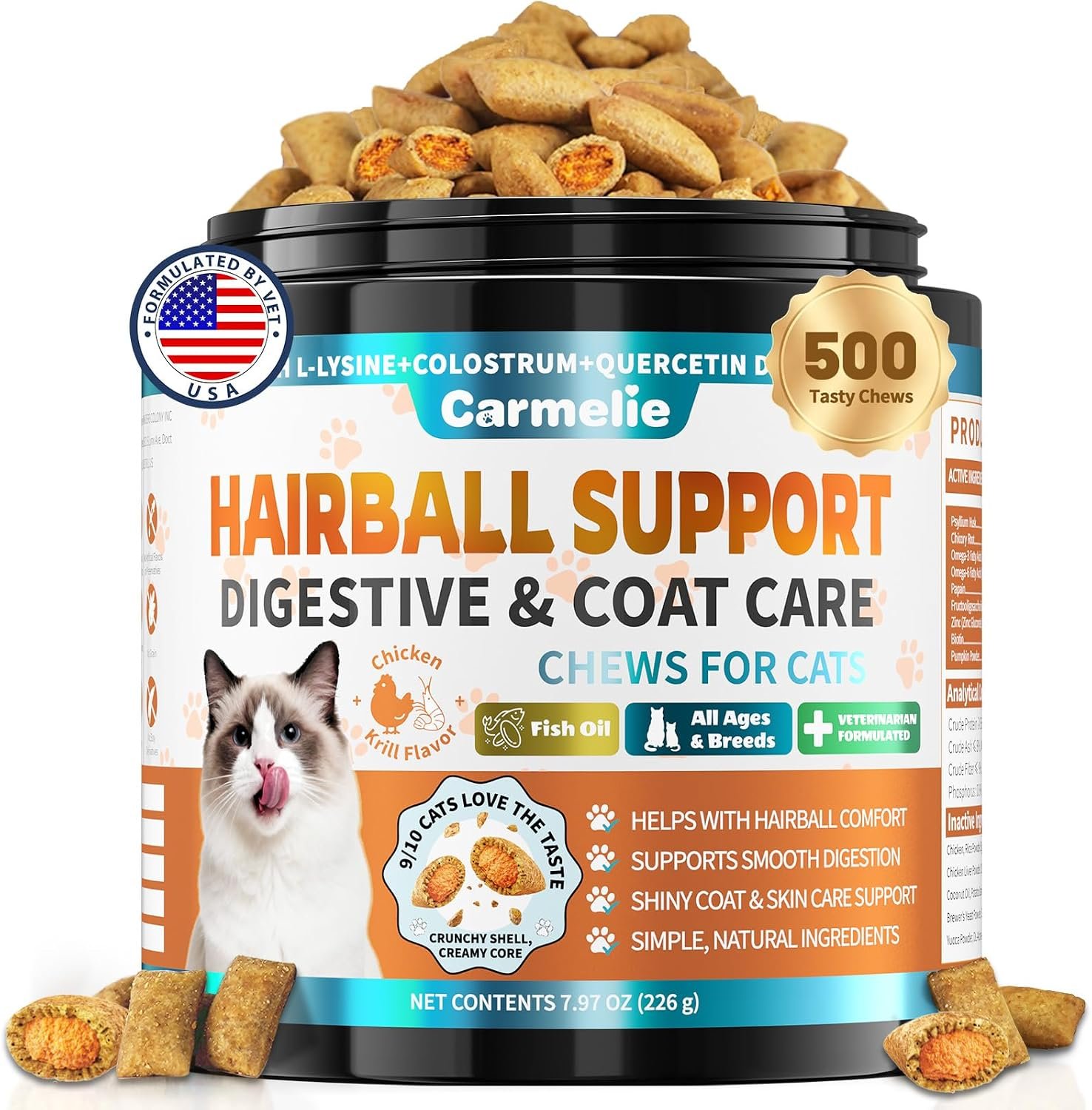 Carmelie Hairball Treatment for Cats, Hairball Remedy Cat Treats, 500 Count