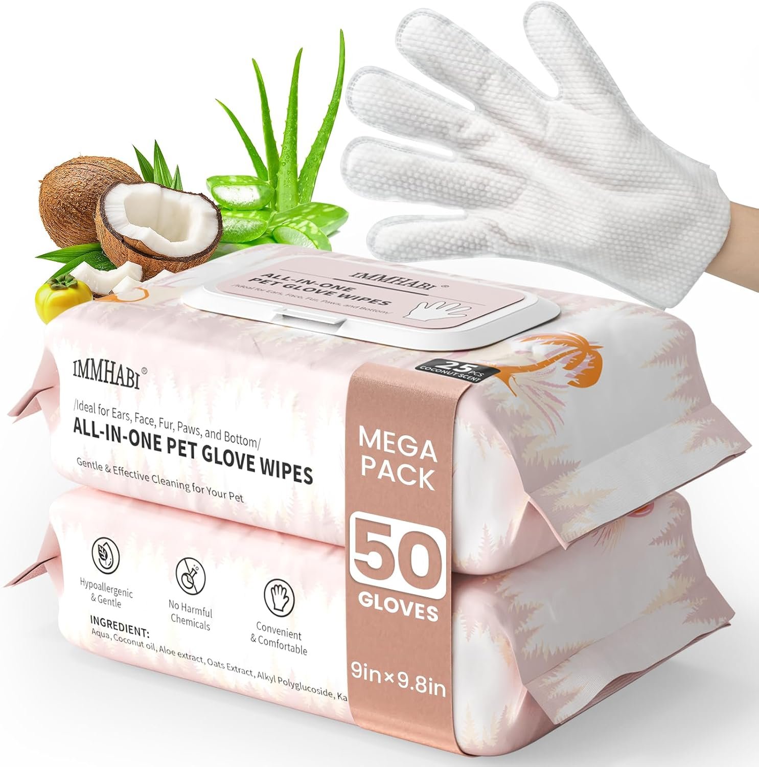IMMHABI Hypoallergenic Pet Glove Wipes for Dogs & Cats, 50 Count
