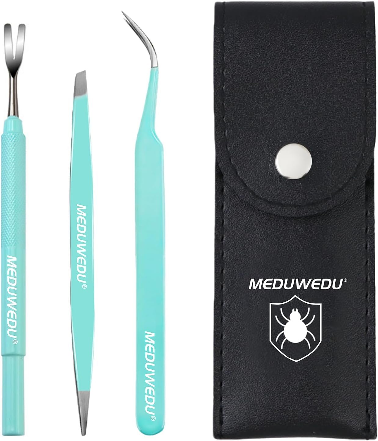 MEDUWEDU Tick Removal Tool Kit for Dogs, Cats & Humans – Stainless Steel Tick Tweezer, Fork & Dual-Head Clamp with Leather Pouch, Safe & Easy Tick Remover for Pets, Ideal for Grooming & Outdoor Travel