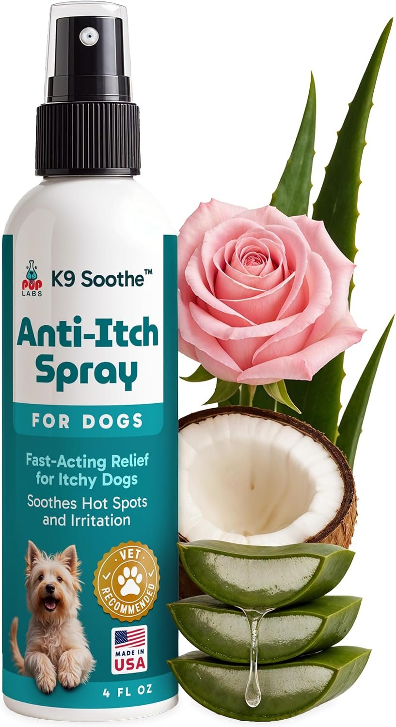 Pup Labs K9 Soothe Anti Itch Spray for Dogs with Aloe, Rose, & Coconut, Natural Hot Spot Treatment for Dogs that Soothes Irritation, Pet Skin Treatment Spray, 4 FL OZ
