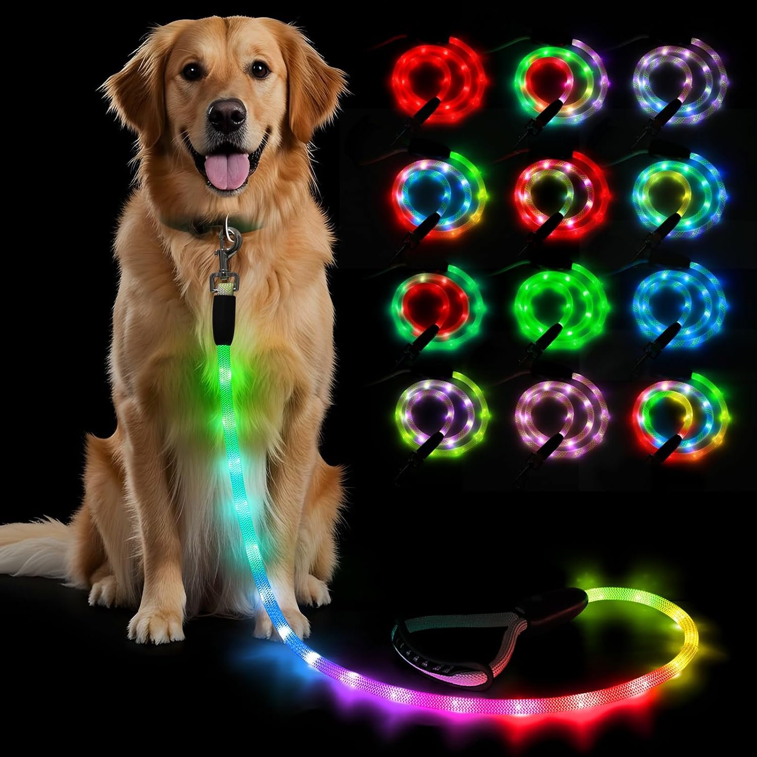 BSEEN Light Up Dog Leash – LED Dog Leash Type-C Rechargeable, 13 Lighting Modes, Glow in the Dark Pet Lead with Soft Handle for Small Medium Large Dogs Night Walking Safety (RGB, 5 Ft)