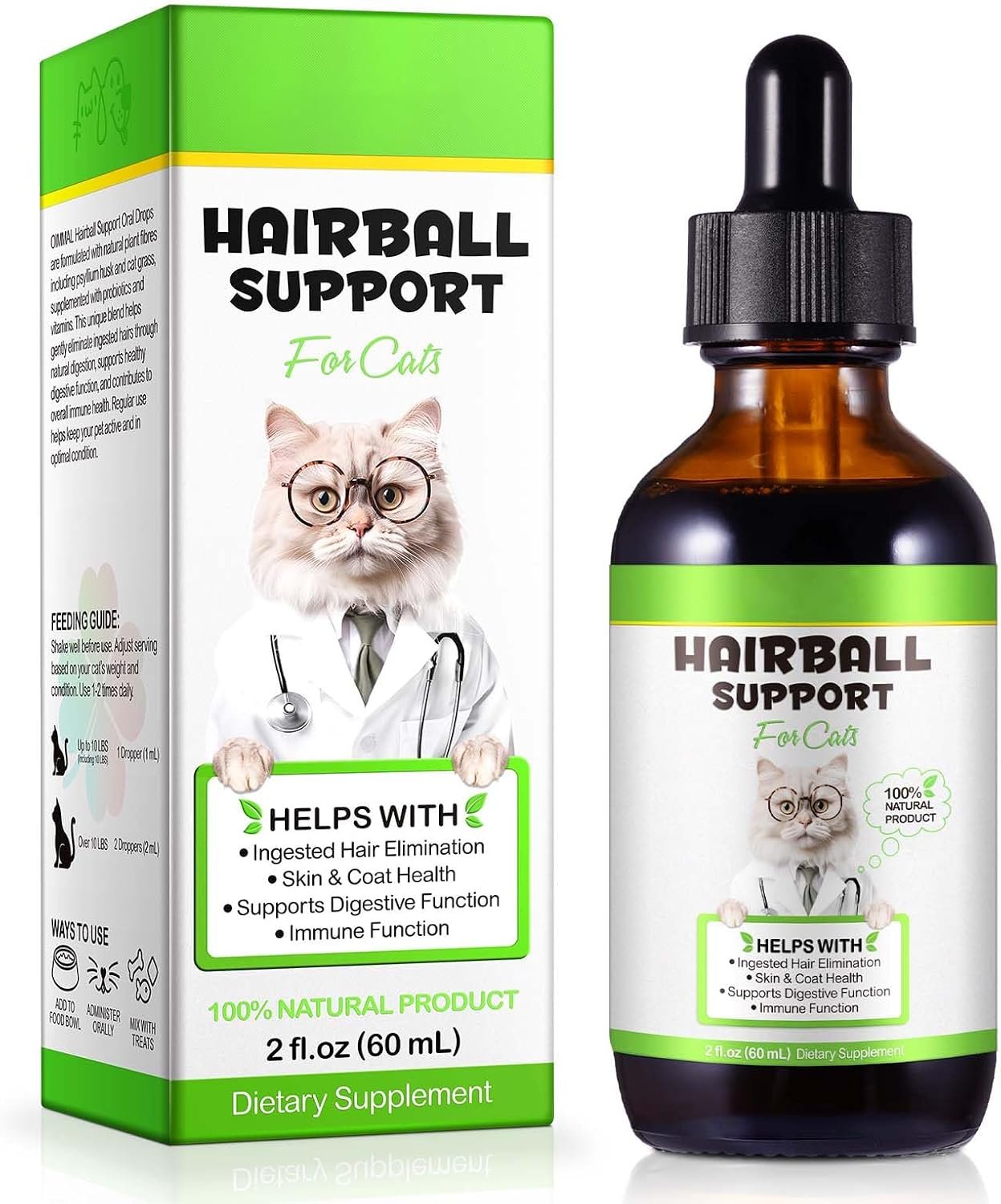 Hairball Treatment for Cats, Cat Hairball Remedy, Hairballs Drops Promotes Natural Passage of Hairballs, Supports Skin & Coat, Digestion, Immune – Chicken Flavor, 60ML
