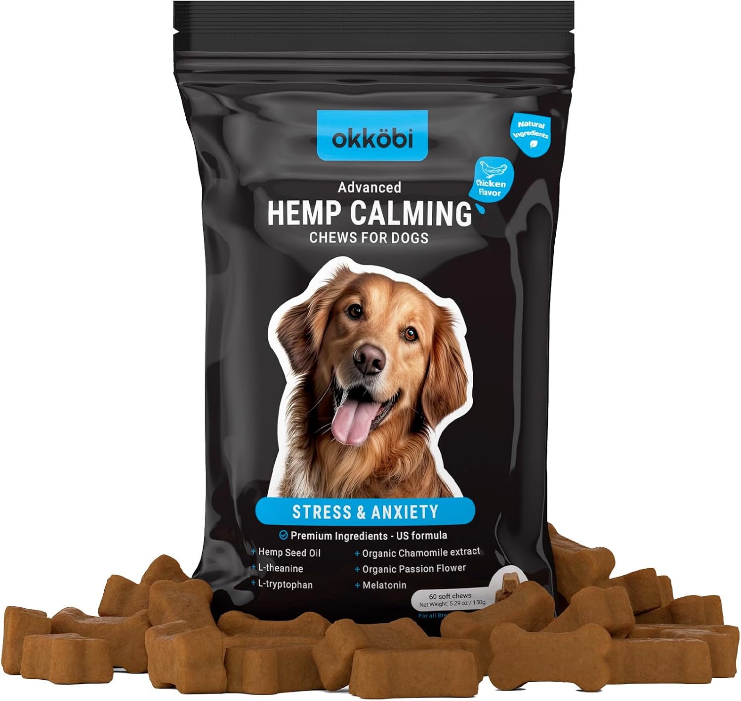 Hemp Calming Chews for Dogs Anxiety 60 pcs – Chicken Flavored – Dog Anxiety Relief – Dog Calming Chews – Melatonin for Dogs – for Stress, Travel, Check-up, Barking or Grooming – Dog Calming Treats