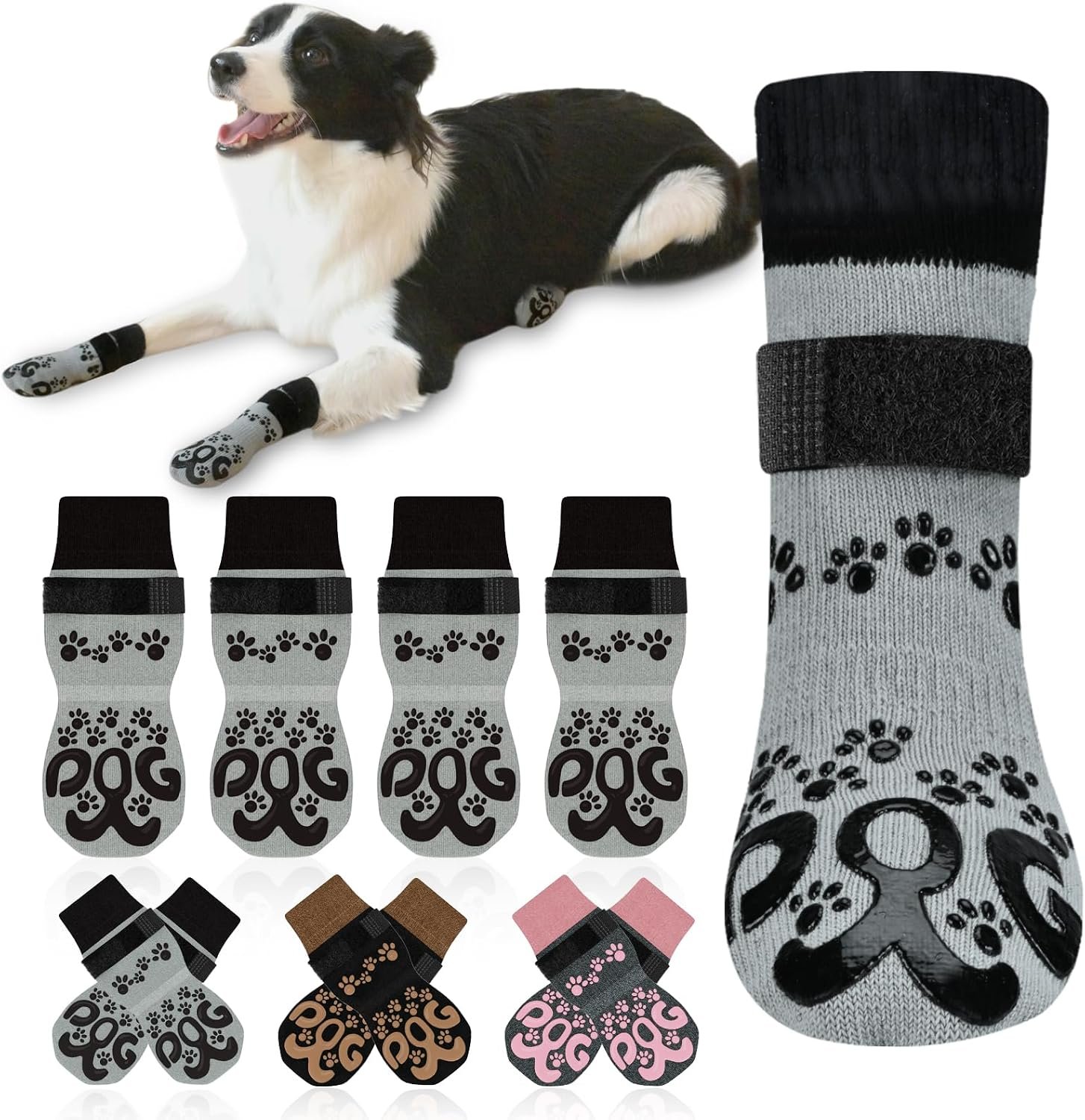 Dog Socks for Hardwood Floors Anti Slip – Double Side Dogs Booties to Prevent Licking, Hot Pavement Paw Protectors, No Twist Dog Grippy Socks for Senior Dogs, Light Grey and Black, L
