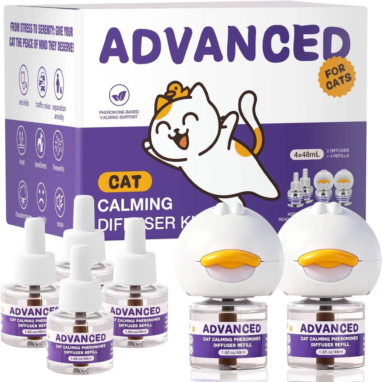 Cat Calming Diffuser Kit with 2 Diffusers & 4 Refills (48mL Each), Cat Pheromones Calming Diffuser for Cat Anxiety Relief, Stress Reduction & Behavior Support, 30-Day Refills, Suitable for All Cats
