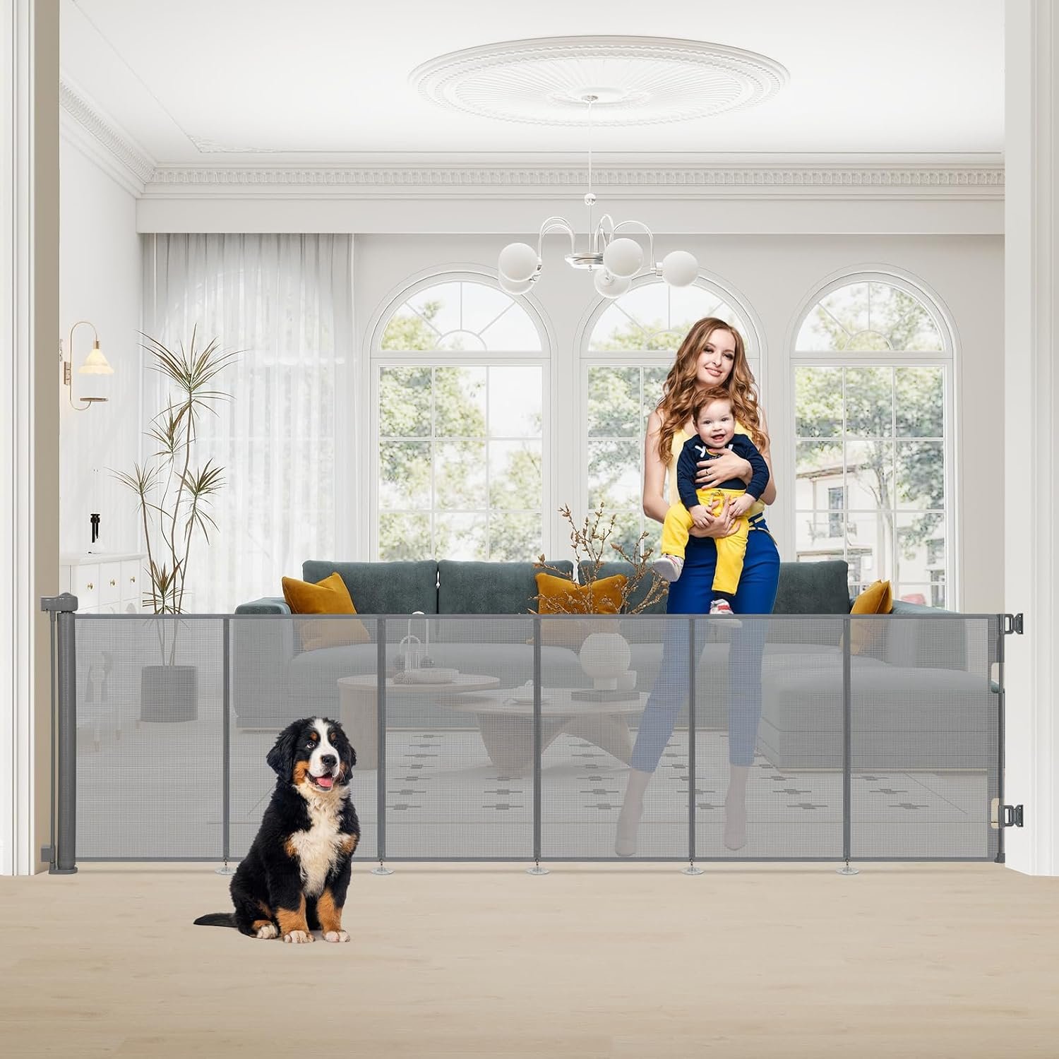 SMONTER Extra Wide Retractable Dog Gates, Mesh Baby Gate with Support Rods Extend to 118″ Wide 33″ Tall, Portable Safety Retractable Gate for Stairs, Indoor/Outdoor, Gray