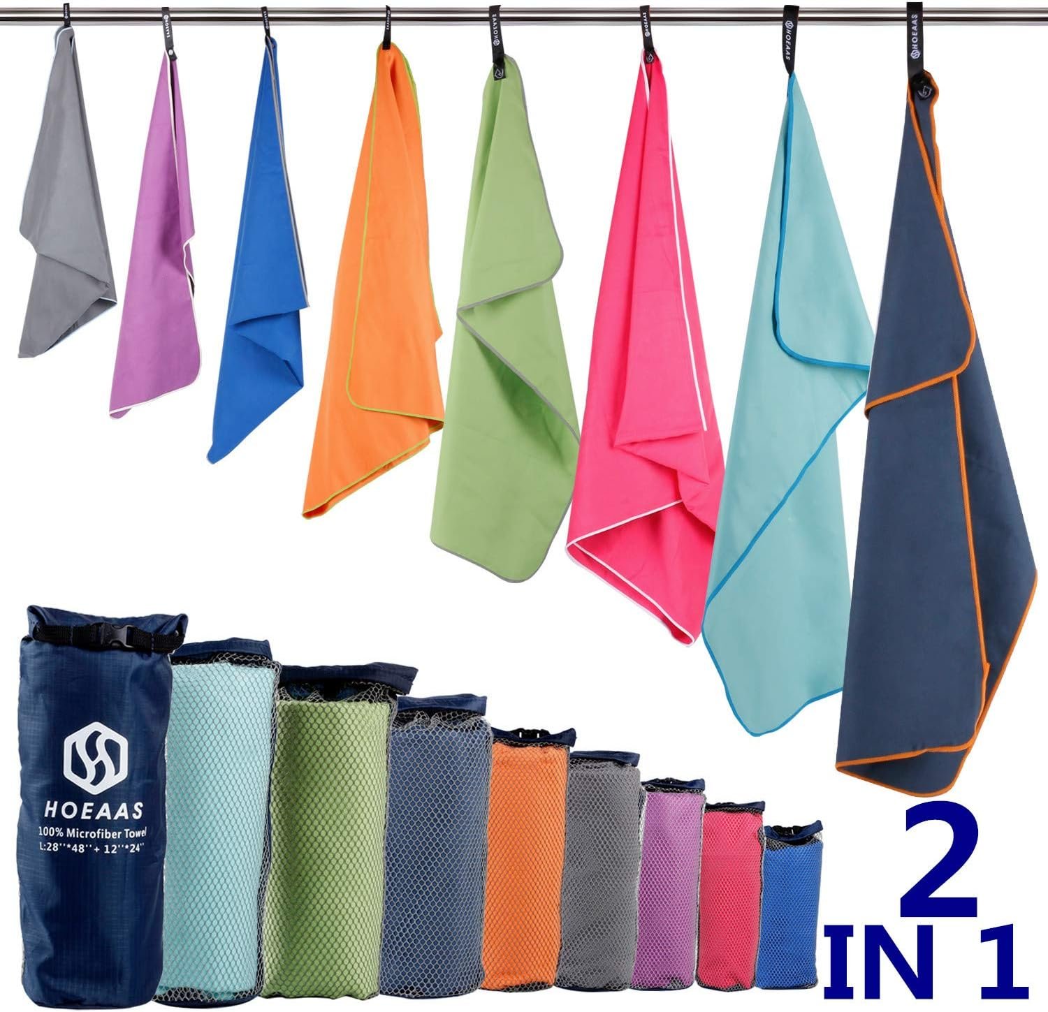 HOEAAS 2 Pack Microfiber Camping Towels, Quick Dry Towel, Super Absorbent Ultra Compact Travel Towel Soft Lightweight Sports Towel for Sweat Fast Drying Towels for Pool,Gym,Hiking,Backpacking,Fitness