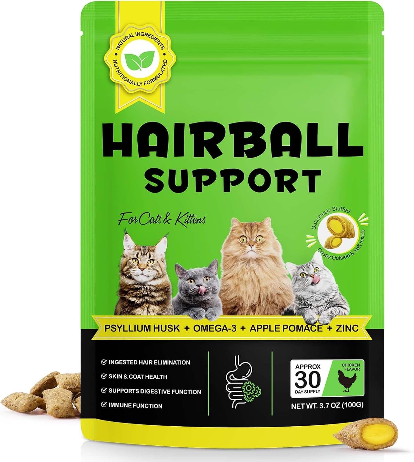 Hairball Remedy for Cats & Kittens, Hairball Treatment Cat Treats – Crunchy & Creamy Chews, Help Prevent & Eliminate Hairballs and Support Skin & Coat Health, Chicken Flavour -100g