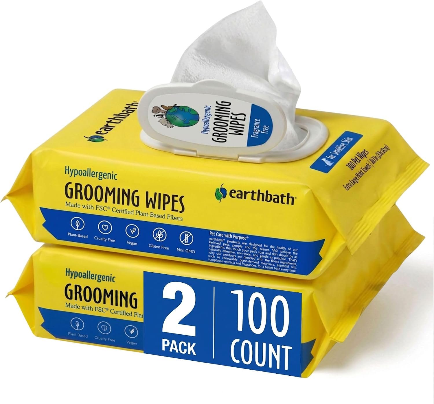 earthbath Hypo-Allergenic Grooming Wipes, Made in USA, 100 Count (2 Pack)