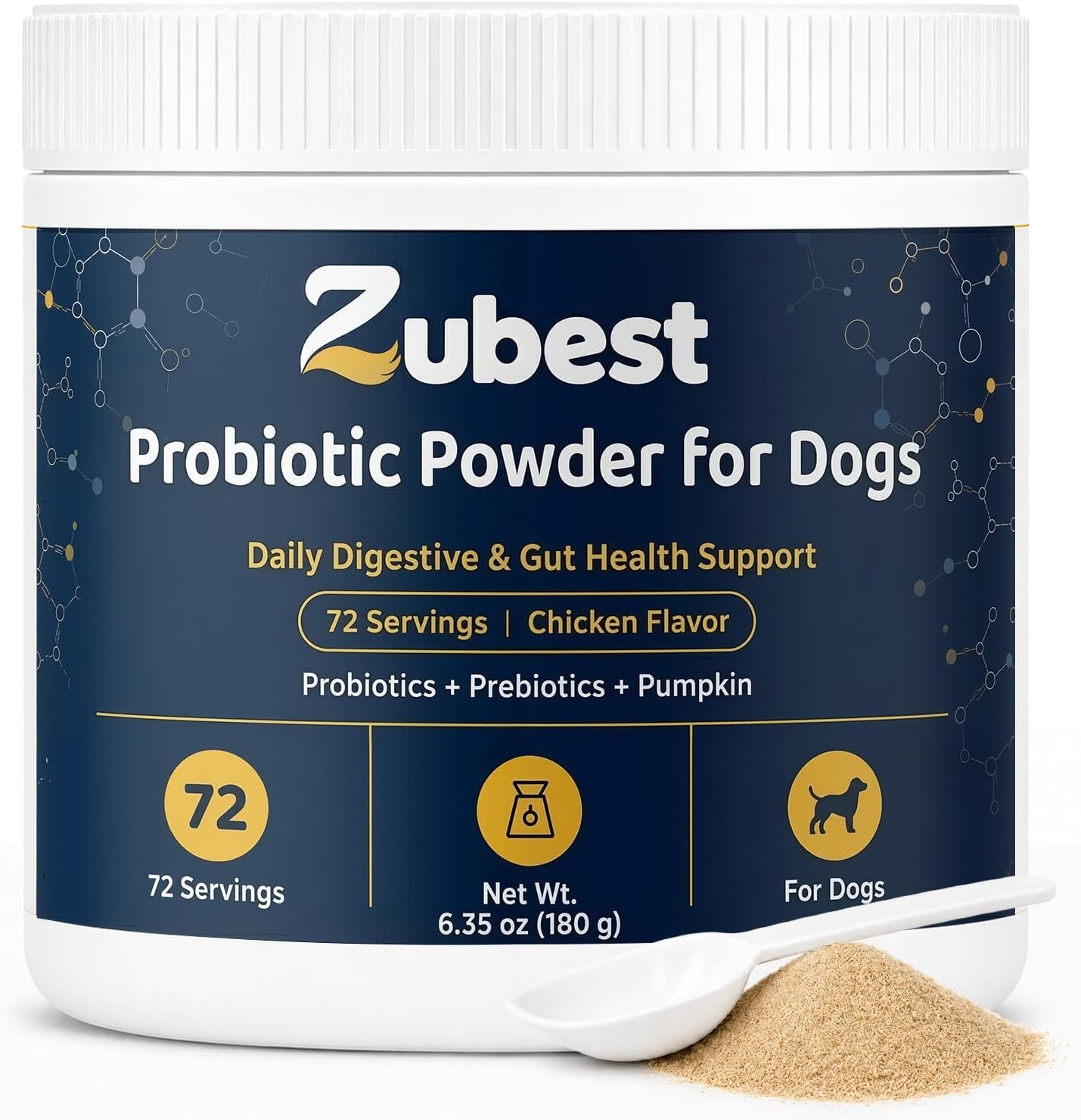 Zubest Probiotics for Dogs, Powder with Prebiotics, 4.2B CFU, 72 Servings