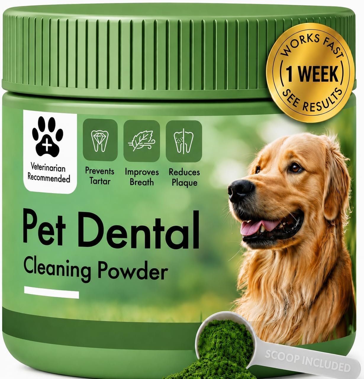 Dog Dental Powder, Pet Tartar and Plaque Remover for Teeth, Dog Breath Freshener, Tooth Cleaning Powder with Probiotics and Brown Algae for Dogs of All Breeds and Sizes, Duck Flavor (2.68 oz)