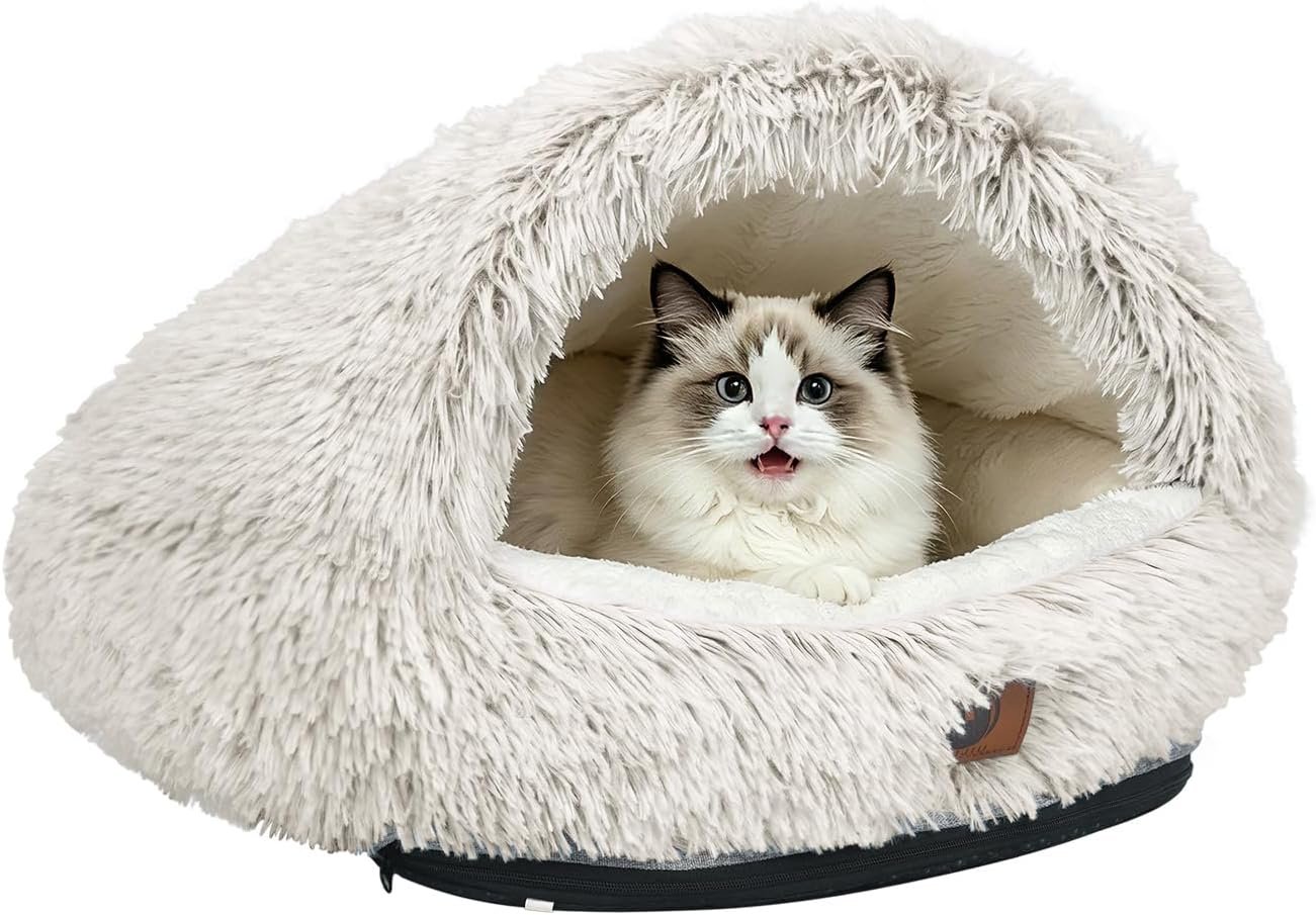 YooxArmor Round Covered Cat Bed Cave Dog Bed for Small Medium Pets,Brown,S