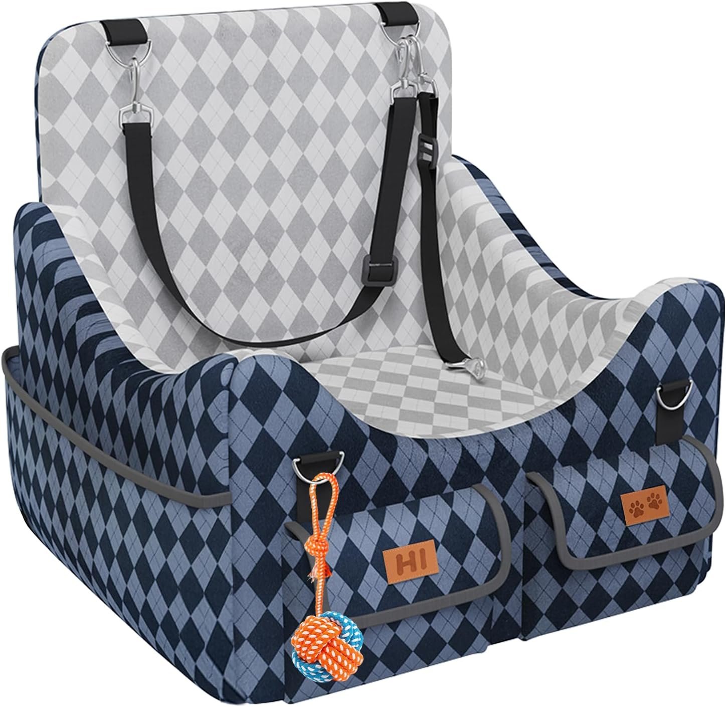 Dog Car Seat for Small/Medium Dogs up to 35lbs, 4-Pocket Storage Memory Foam Dog Booster Seat, Detachable Washable Pet Car Seat with Safety Belt, Outdoor & Indoor Use (Blue/Grey)