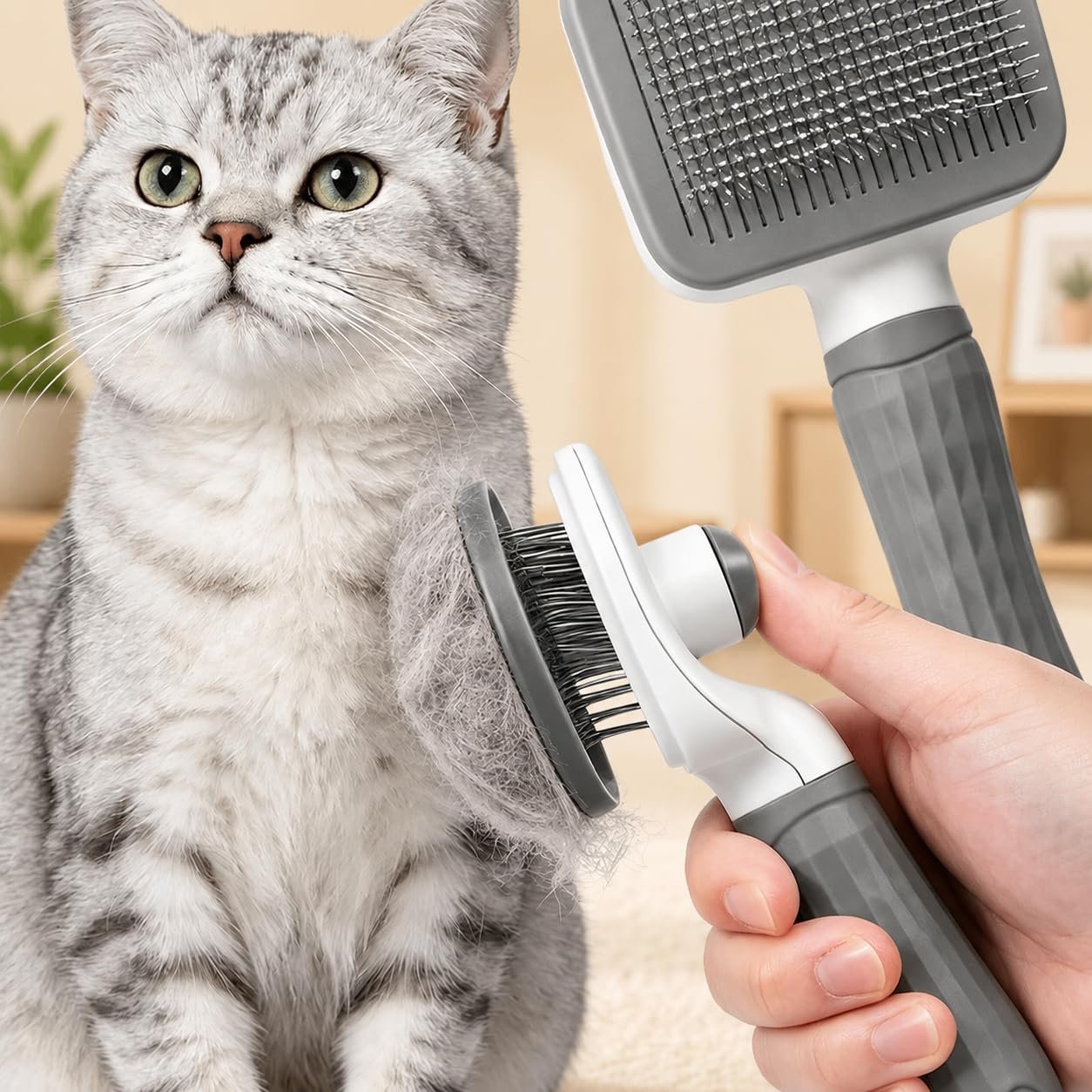 Self-Cleaning Slicker Brush for Dogs and Cats with Massage Pins, Gray