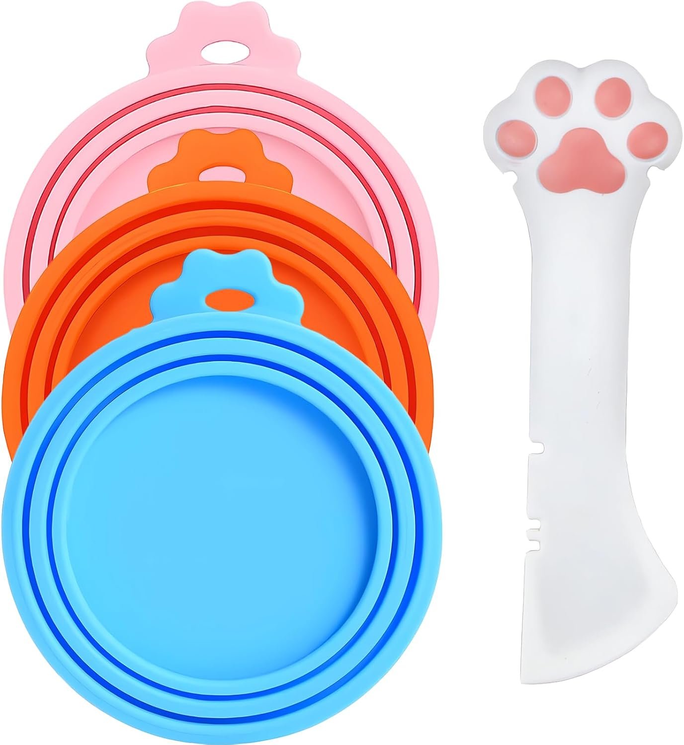 Cat Food Can Covers Lids & White Spoon, Pink/Orange/Sky Blue Lids, Can Covers for Dog/Cat Food Cans, Fit 3 Standard Size Pet Food Cans, Spoon with Opener Paw & Mini Spatula
