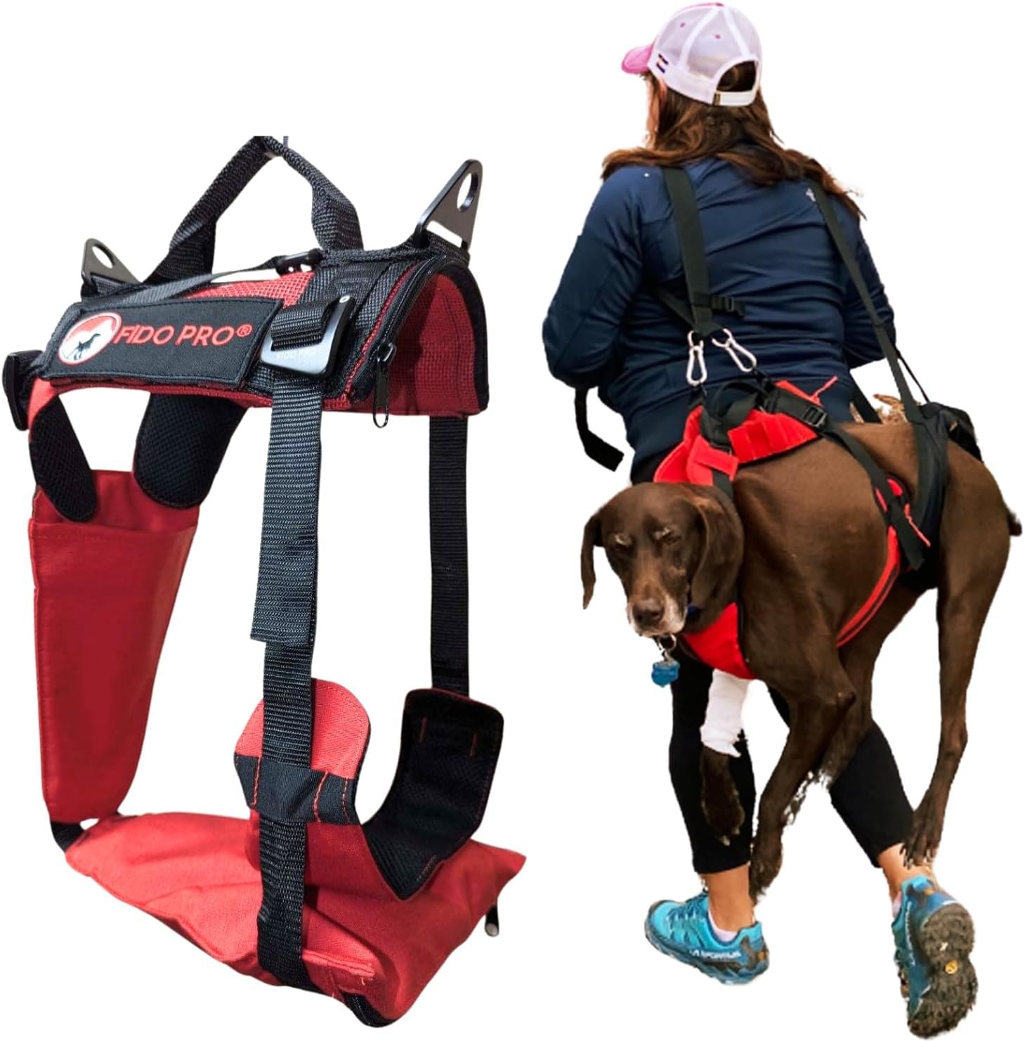 Fido Pro Panza Harness V2 with Deployable Emergency Dog Rescue Sling – Medium to X-Large Harness with Pockets, Climbing Buckles, and Lifting Handle – Dog Hiking Gear – Fits 30-150 lbs (Red)