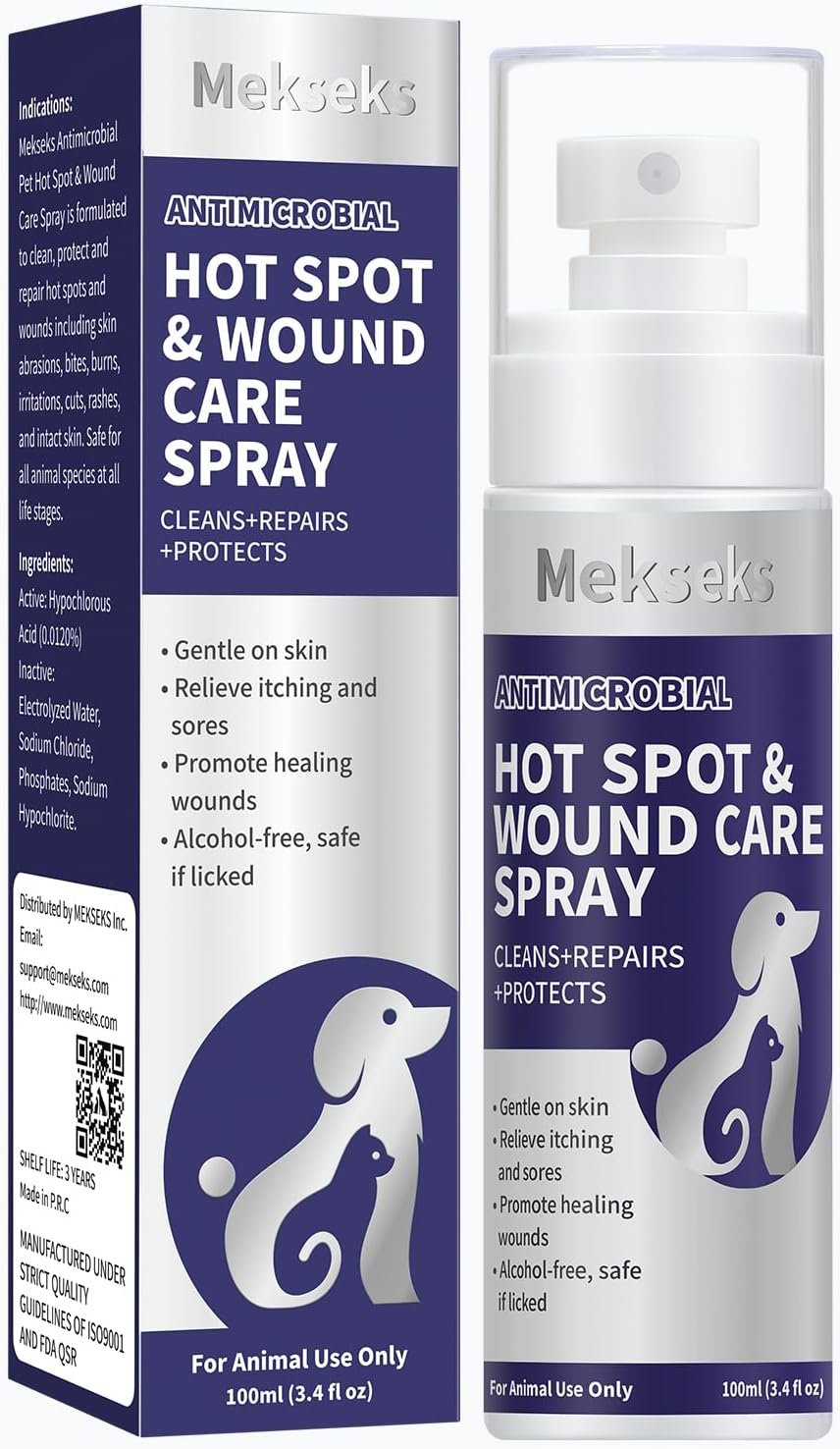 Hot Spot Wound Care Spray for Dogs, Cats, Relieves Itchy Skin, Cleans & Fast Healing Infections, Wounds & Post Surgery Incision – Safe & Gentle, Non-Irritating, Advanced HOCl Spray, 3.4 Ounces