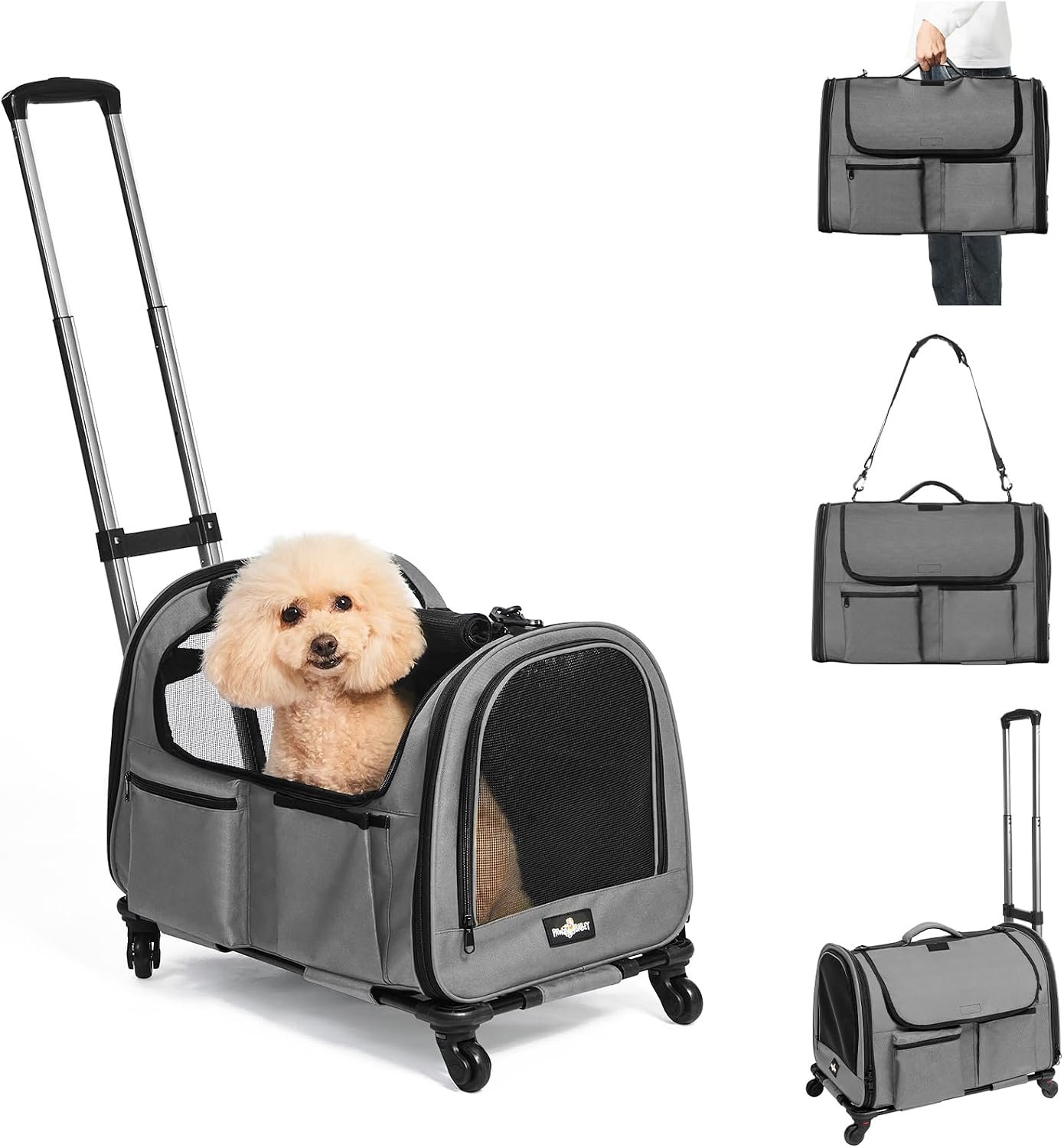 Large Pet Carrier with Wheels, Foldable Rolling Dog Carrier with Big Pocket, Cat Rolling Bag 21″x13″x13″ for 2 Cats &Dogs, for Travel, Outdoor, Vet Visits, Camping, Indoor. Gray. (Not for Airline)