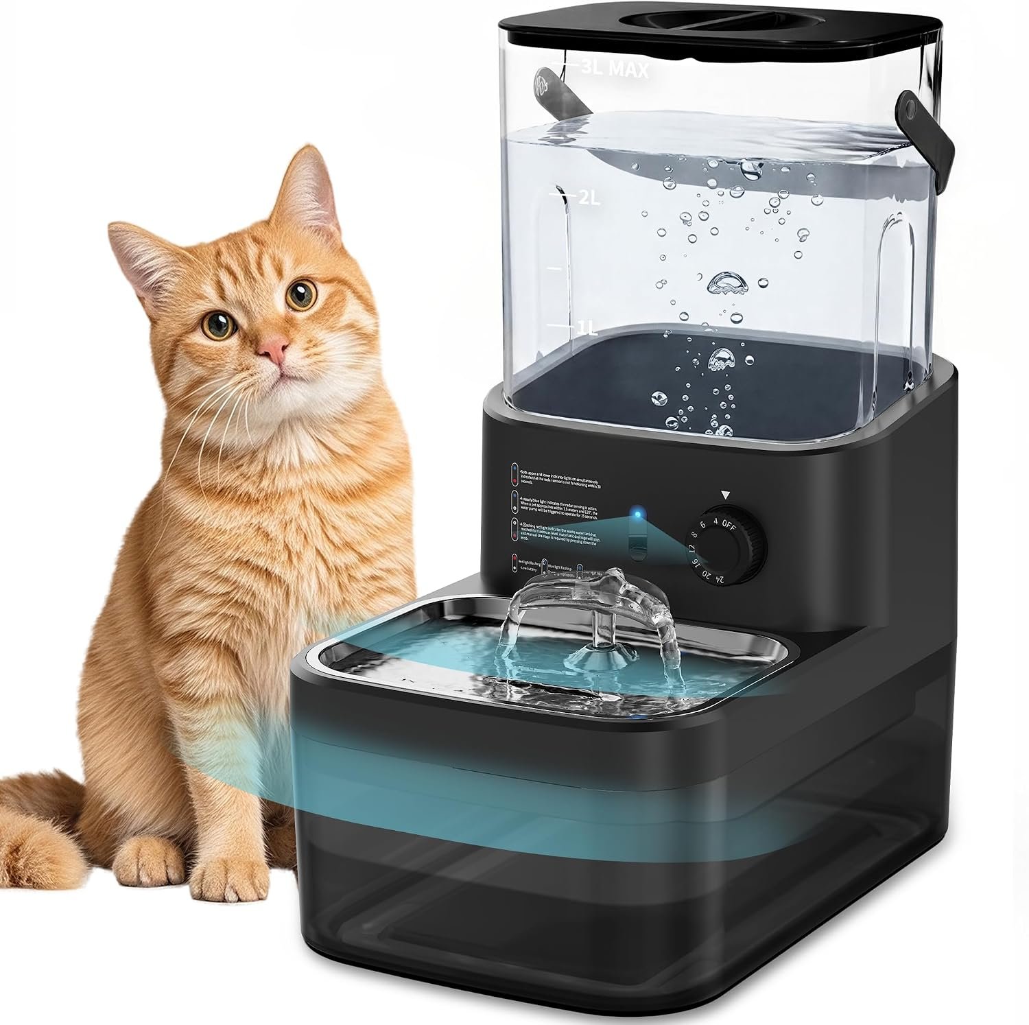 3L Filterless Cat Water Fountain, Wireless, Wastewater Separation,Black