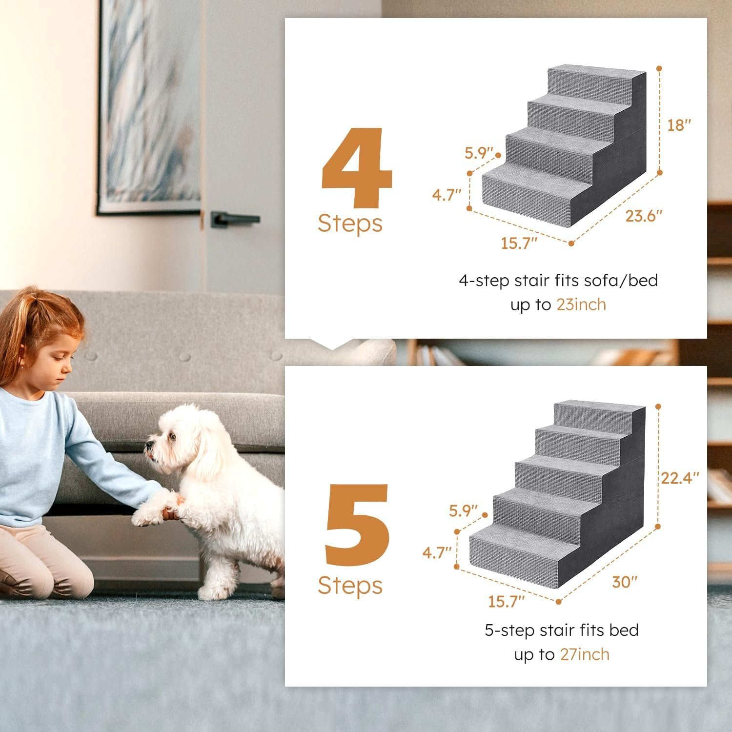 Heeyoo Dog Stairs for Small Dogs,5-Step Dog Steps for High Bed and Couch, High-Density Foam Pet Steps with Supporting Board, Non-Slip Removable Washable Cover, Grey