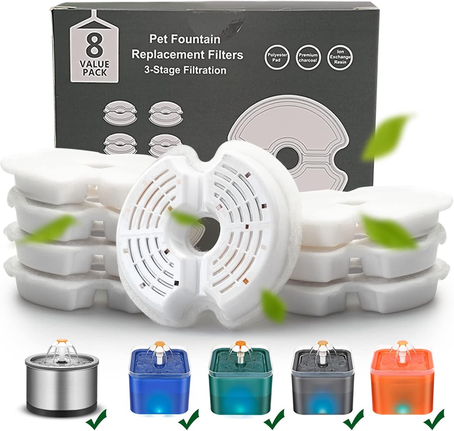 Cat Water Fountain Filter, Multiple Filtration Pet Water Fountain Replacement Filter,8 Packs of Cotton Activated Carbon Cat Fountain Filter (Filter 8 Pack)