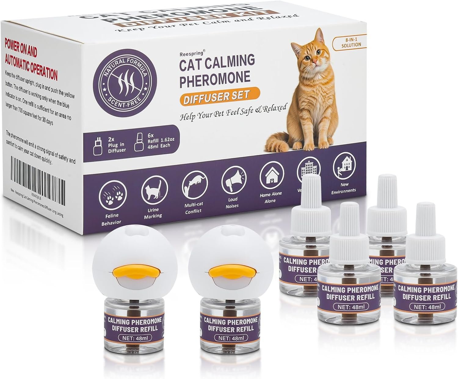 Reespring Cat Pheromones Calming Diffuser: Premium Pheromone Diffuser for Cats – Cat Pheromones Diffuser – Cat Calming Diffuser – Cat Calming Pheromone Diffuser (2 diffusers+ 6 Refills-Upgraded)