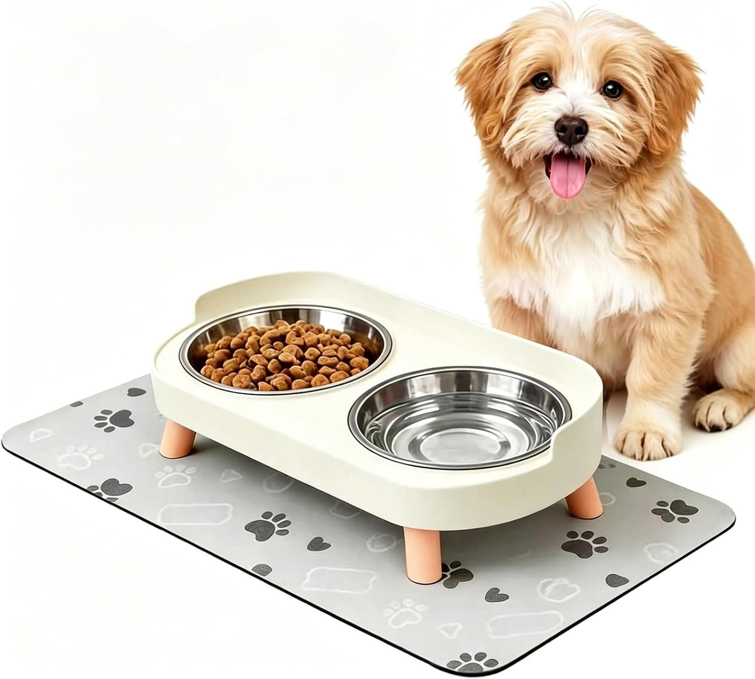 Elevated Dog Bowl, Raised Feeding Stand with Mat for Small Dogs Under 25 Lb