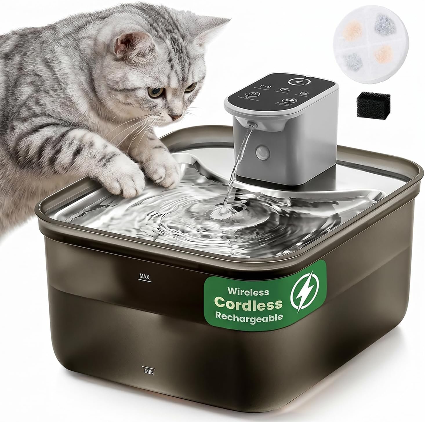 Cordless Battery Rechargeable Cat Water Fountain 3.5L Stainless Steel Tray