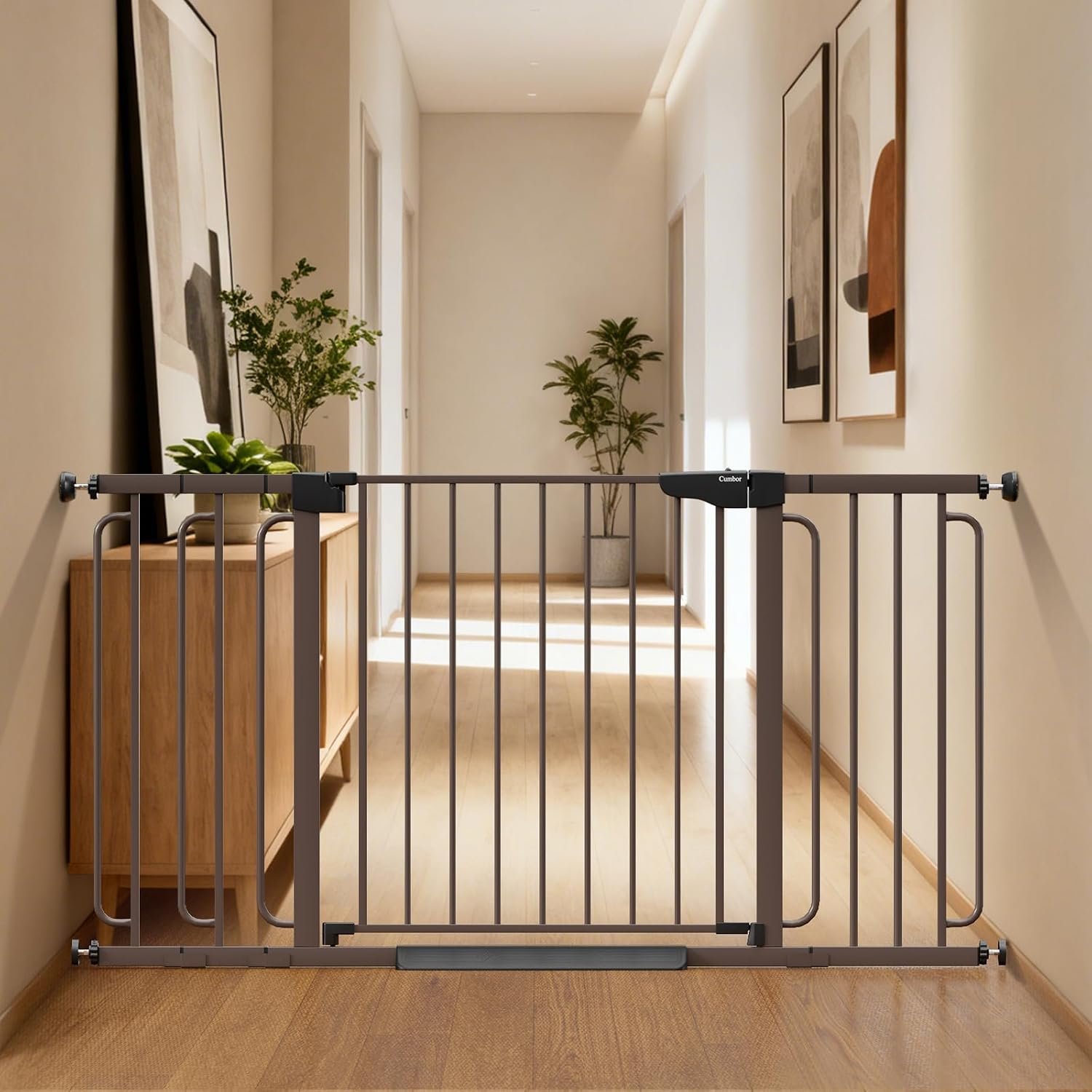 Cumbor 36.6-59″ Extra Wide Baby Gate for Stairs, Auto Close Dog Gate Brown