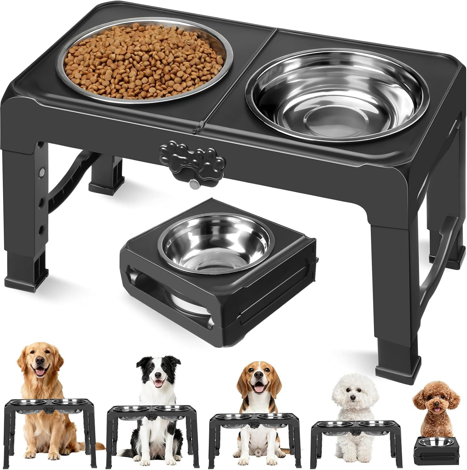COMESOON Elevated Dog Bowls, 5 Adjustable Heights (3.9″-13.4″) Raised Dogs Food Bowl Stand for Medium Large Sized Dogs, Non-Slip Foldable Travel Pet Feeder Black with Stainless Steel Bowls
