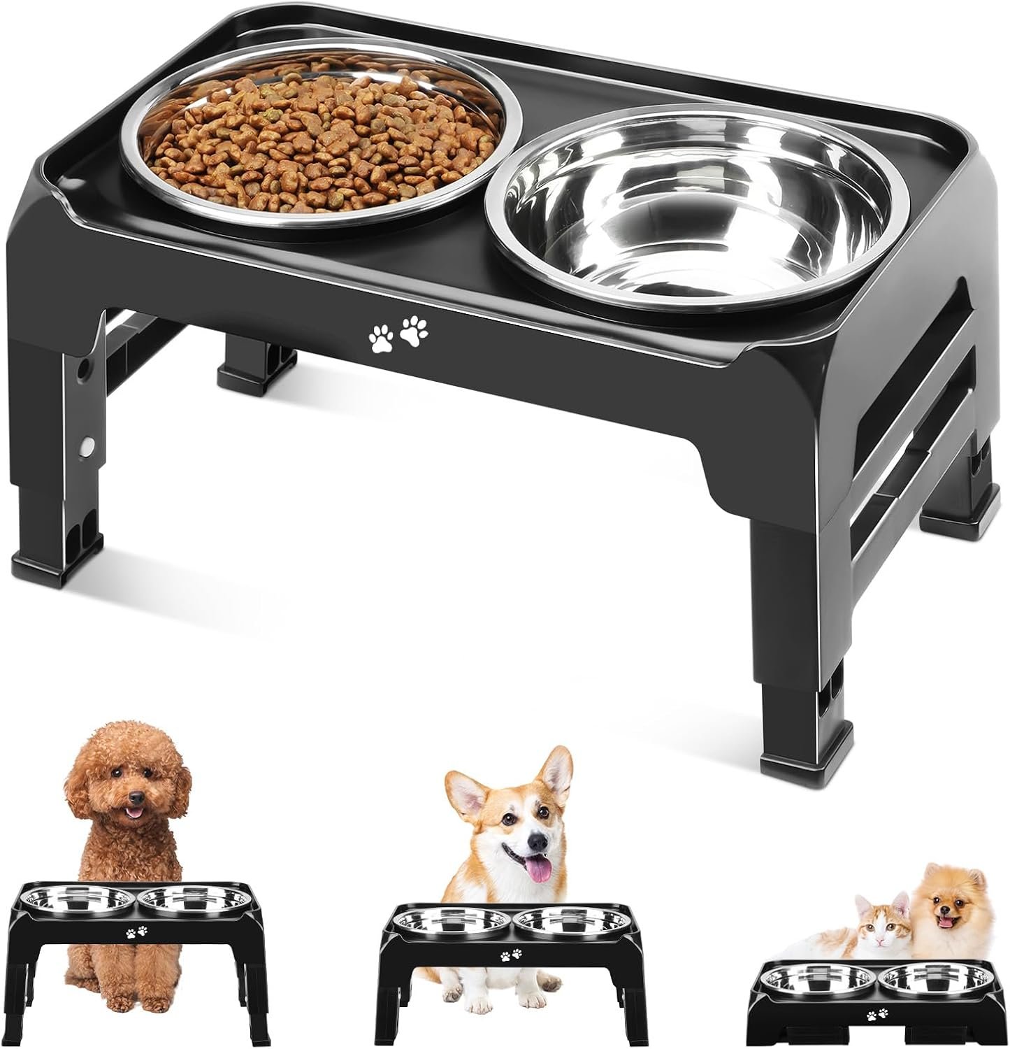 COMESOON Elevated Dog Bowls for Small Medium Dogs, 3 Height Adjustable Raised Stand with 2 Thick 6″ Stainless Steel Food Bowls, Non-Slip Feeder Adjusts to 2.75″, 6″, 7.5″, Black