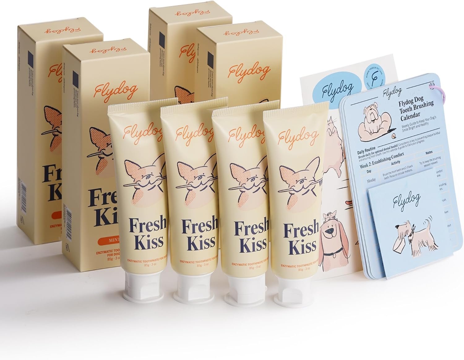 Fresh Kiss Enzymatic Dog Toothpaste All Flavors Set – Vet Approved Organic Fomula, Tartar Remover for Dogs, with Toothbrushing Calendar & Guide, Chicken & Coconut & Mint & Peanut Butter