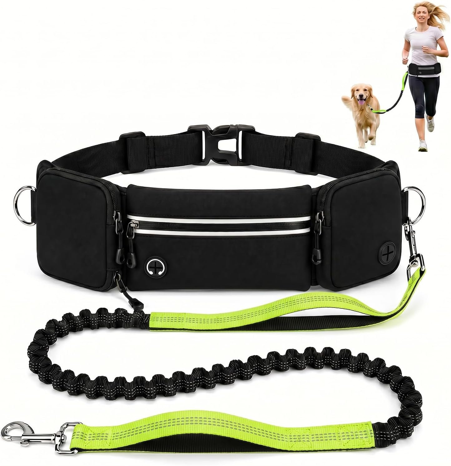 Hands Free Dog Leash 3 Zipper Pounchs with Reflective Strips Poop Bag Dispenser,Waterproof Dog Walking Belt,Dual Handles and Durable Bungee,Waist Leash for Dog Walking,Jogging and Running