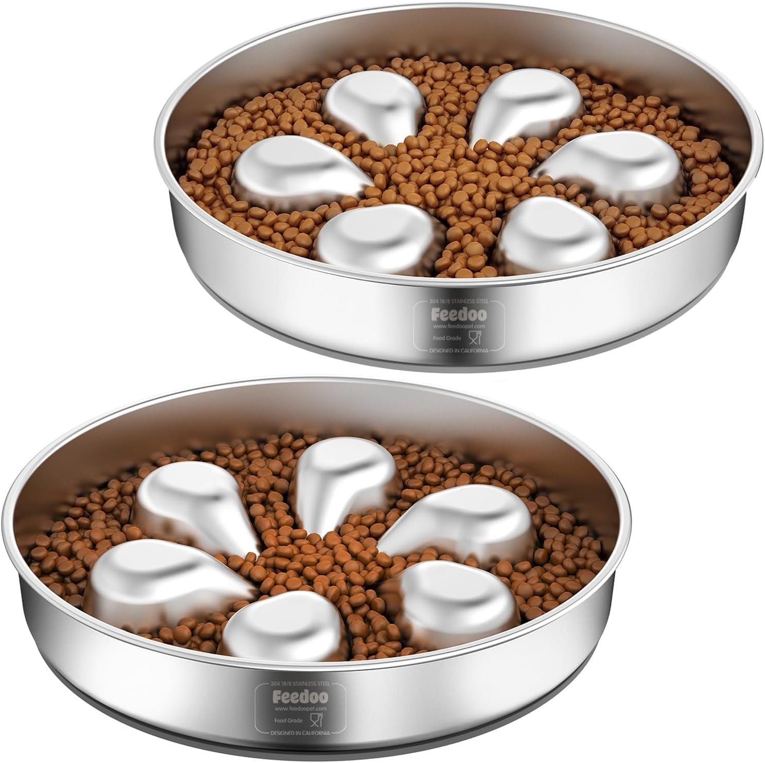Feedoo Slow Feeder Dog Bowl 3.5-Cup, Food-Grade 304 Stainless Steel, 2-Pack