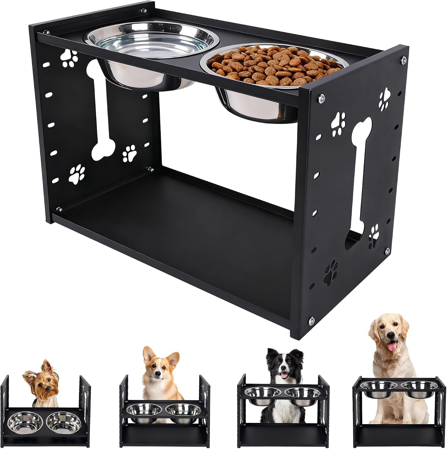 FORUP All-Metal Elevated Dog Bowls, Heavy Duty Cold-Rolled Steel Frame, 6-Height Adjustable Raised Feeder Stand with 2 Stainless Steel Bowls, Anti-Slip Rubber Feet for All Breeds (2.5″-12.2″)
