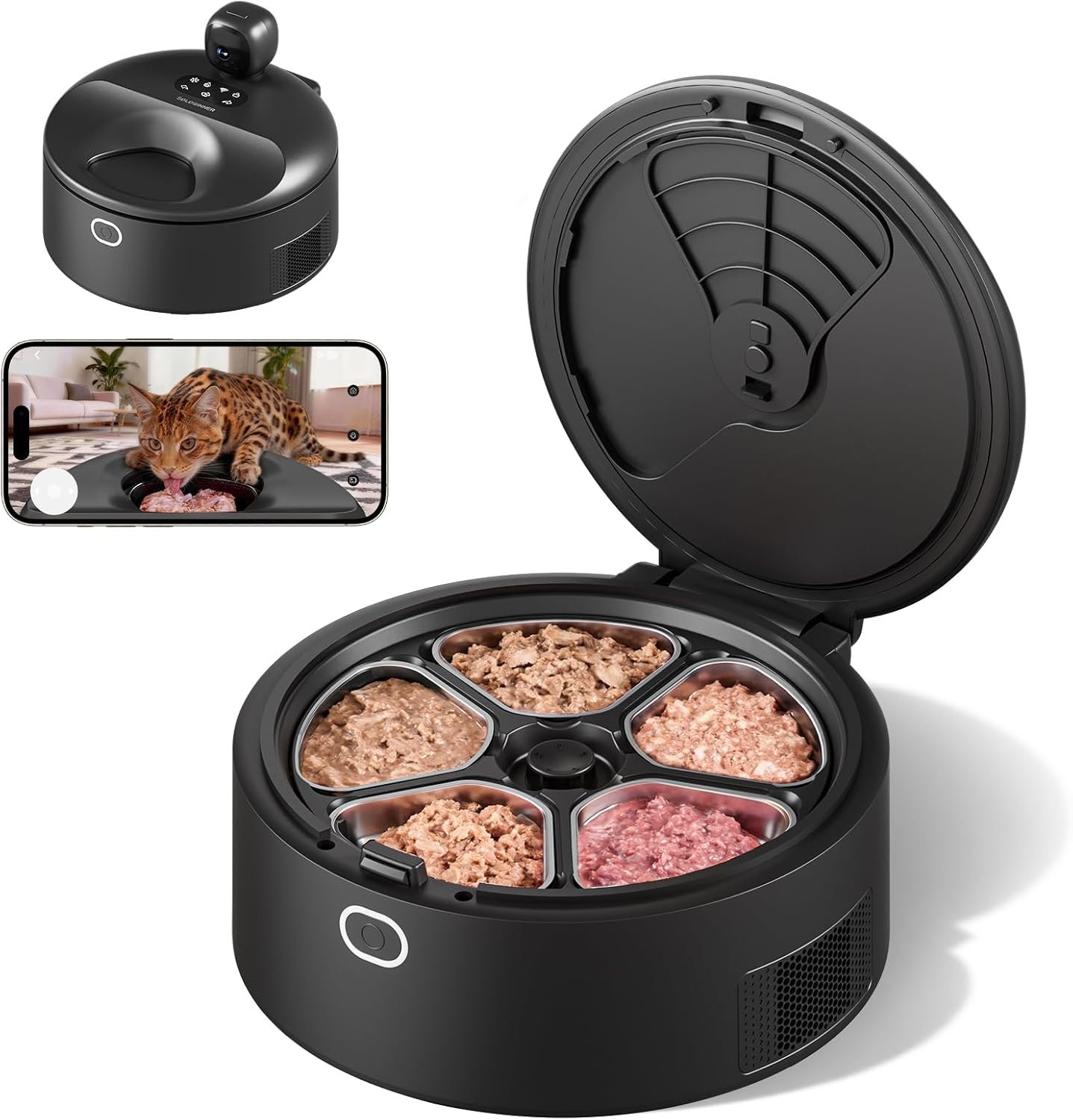 Automatic Cat Feeder Wet Food with Refrigeration & Pre-Heating, App-Controlled Auto Pet Food Dispenser for 5 Meals, Auto Cat Feeder with Night Vision Camera, Food-Grade Stainless Tray (Black)