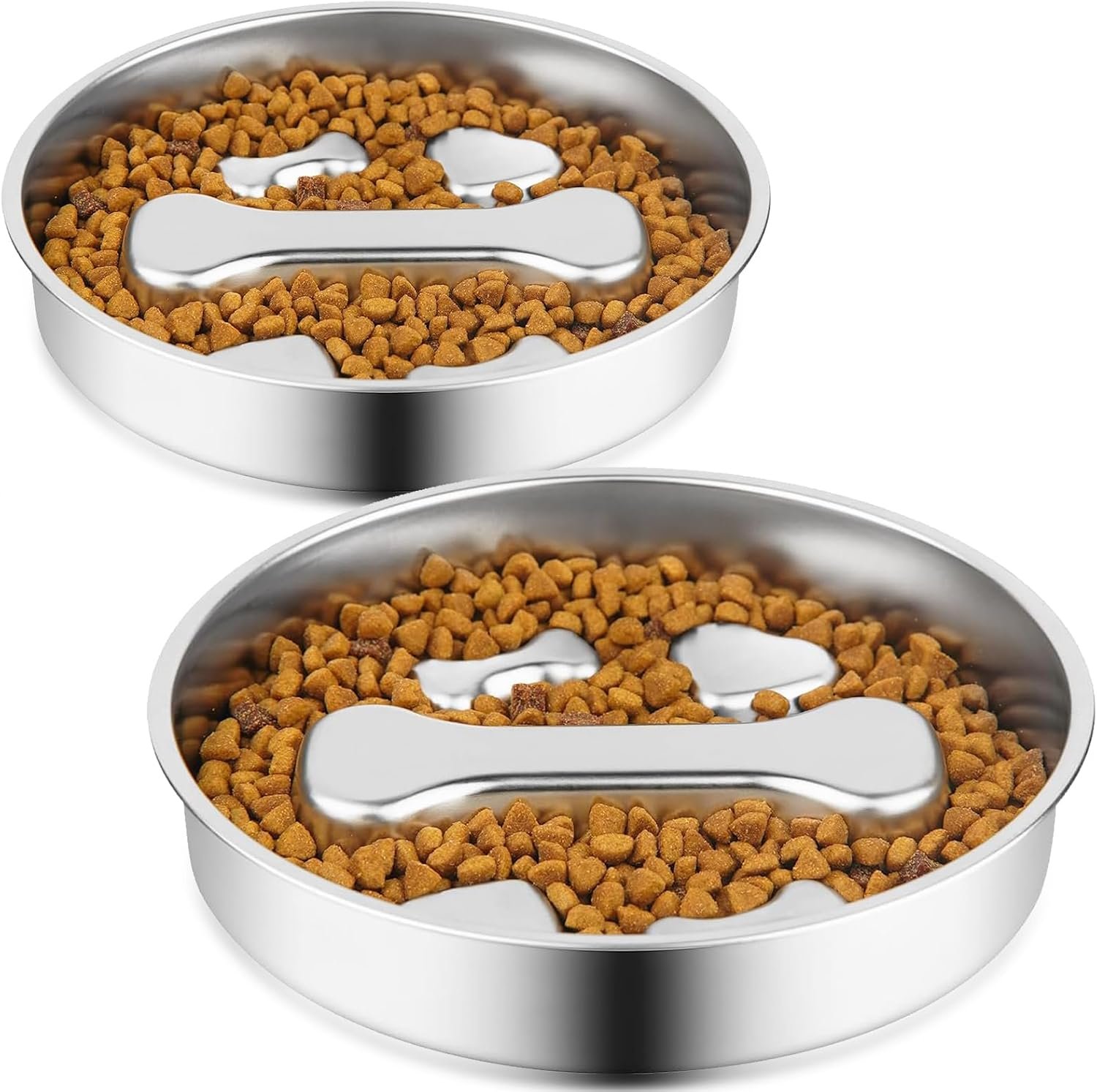 Stainless Steel Slow Feeder Dog Bowls,2 Pcs Slow Food Bowl for Dog & Cat – 2 Cups Capacity,Bone-Shaped Design Pet Food Holder,Metal Non-Slip Lick Plate,Puzzle Maze Dish for Small & Medium Sized Breeds