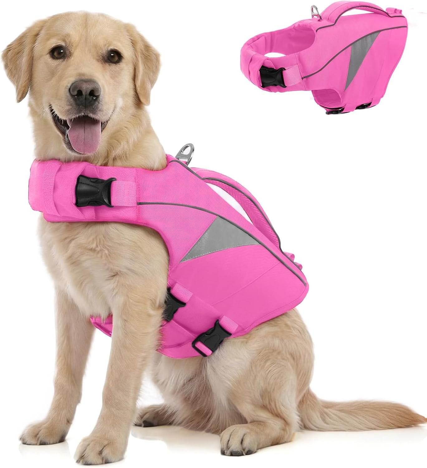 Queenmore Large Dog Life Jacket,Reflective Dog Life Vest for Extra Large Dogs with High Buoyancy, Pet Lifesaver Vest for Swimming Boating,Lightweight Doggy Jackets with Rescue Handle(Pink,2XL)