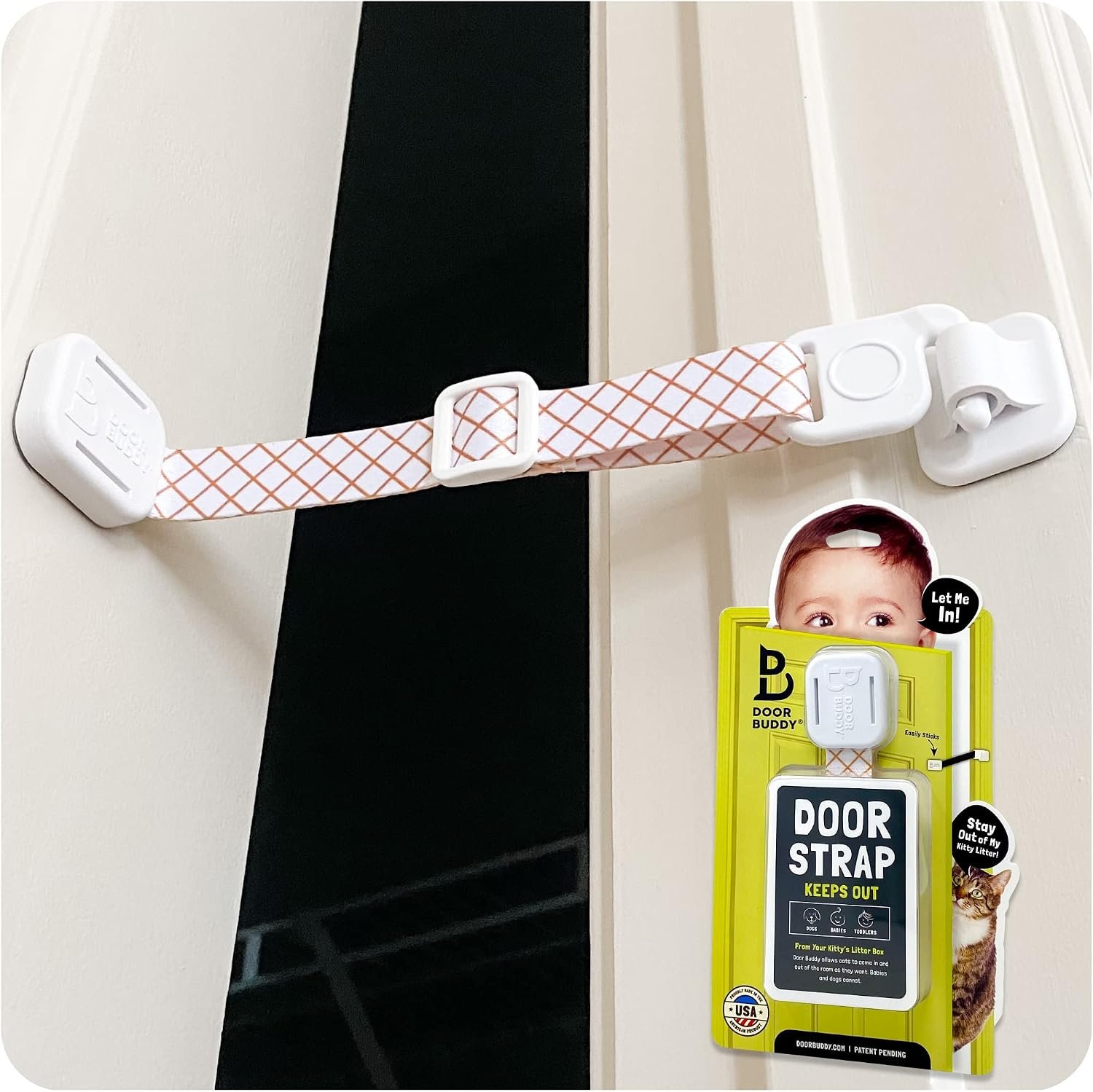 Door Buddy Baby Proof Door Lock with Adjustable Strap. No Need for Baby Gate. Child Proof Room with Litter Box while Cats Enter Easily. Installs in Seconds and is Simple & Convenient to Use. (Caramel)