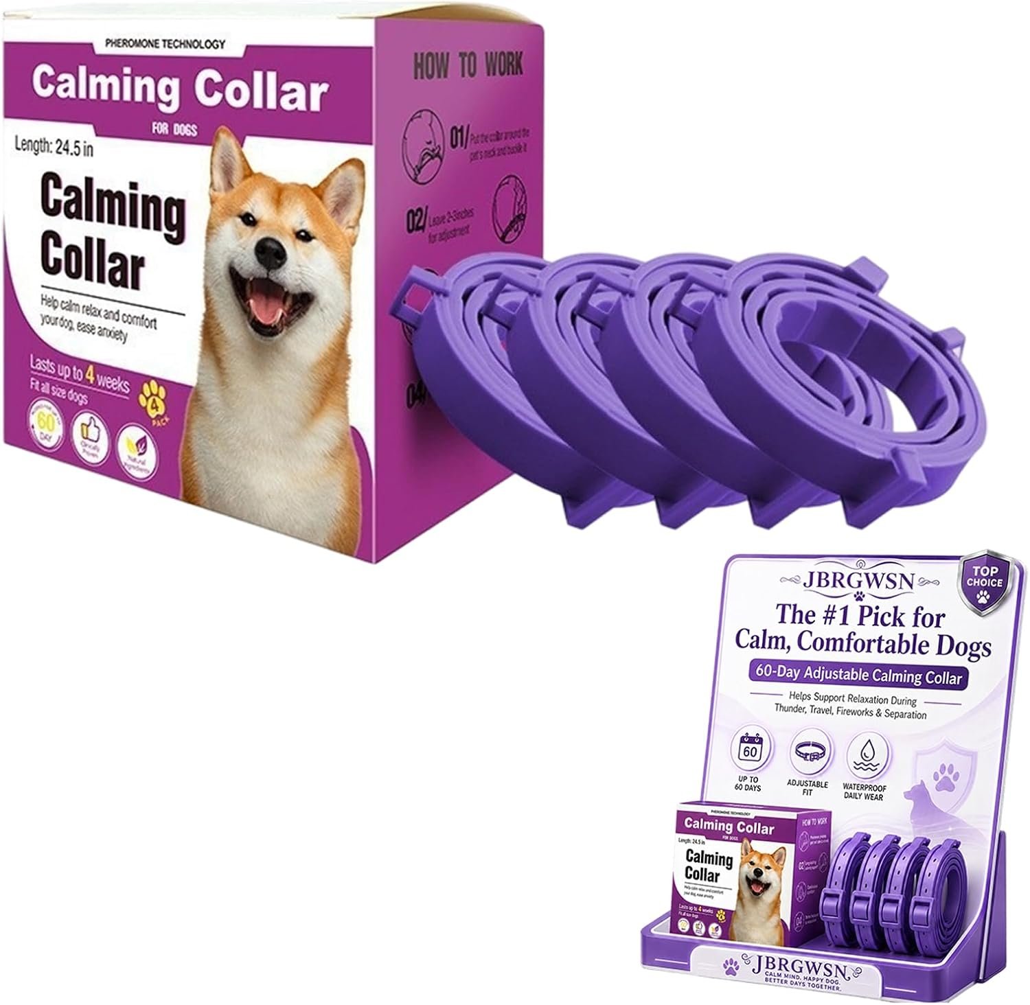 4Pcs Pheromone Calming Collar for Dogs Anxiety Relief Stress Separation Support 60-Day Long Lasting Adjustable Waterproof Design Helps with Thunder Fireworks Travel Barking