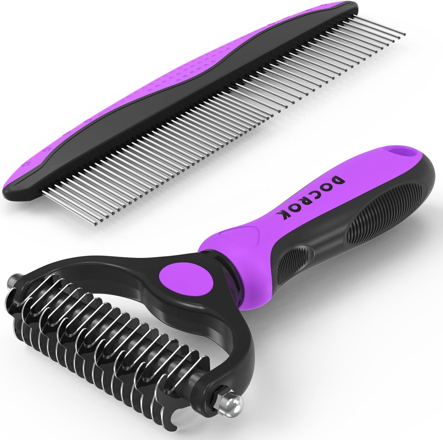 Docrok Pet Grooming Brush and Metal Comb Combo – Undercoat Rake for Dematting and Deshedding Long Matted Haired Dogs and Cats, Purple