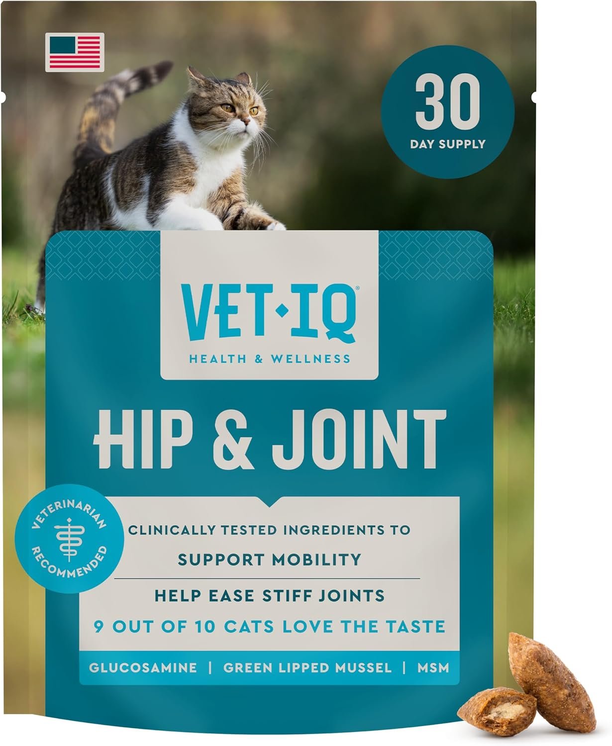 VetIQ Hip & Joint Supplement for Cats, Chicken Flavored Joint Health Supplement with Glucosamine and Green Lipped Mussel for Mobility and Arthritis Support, 3.7oz