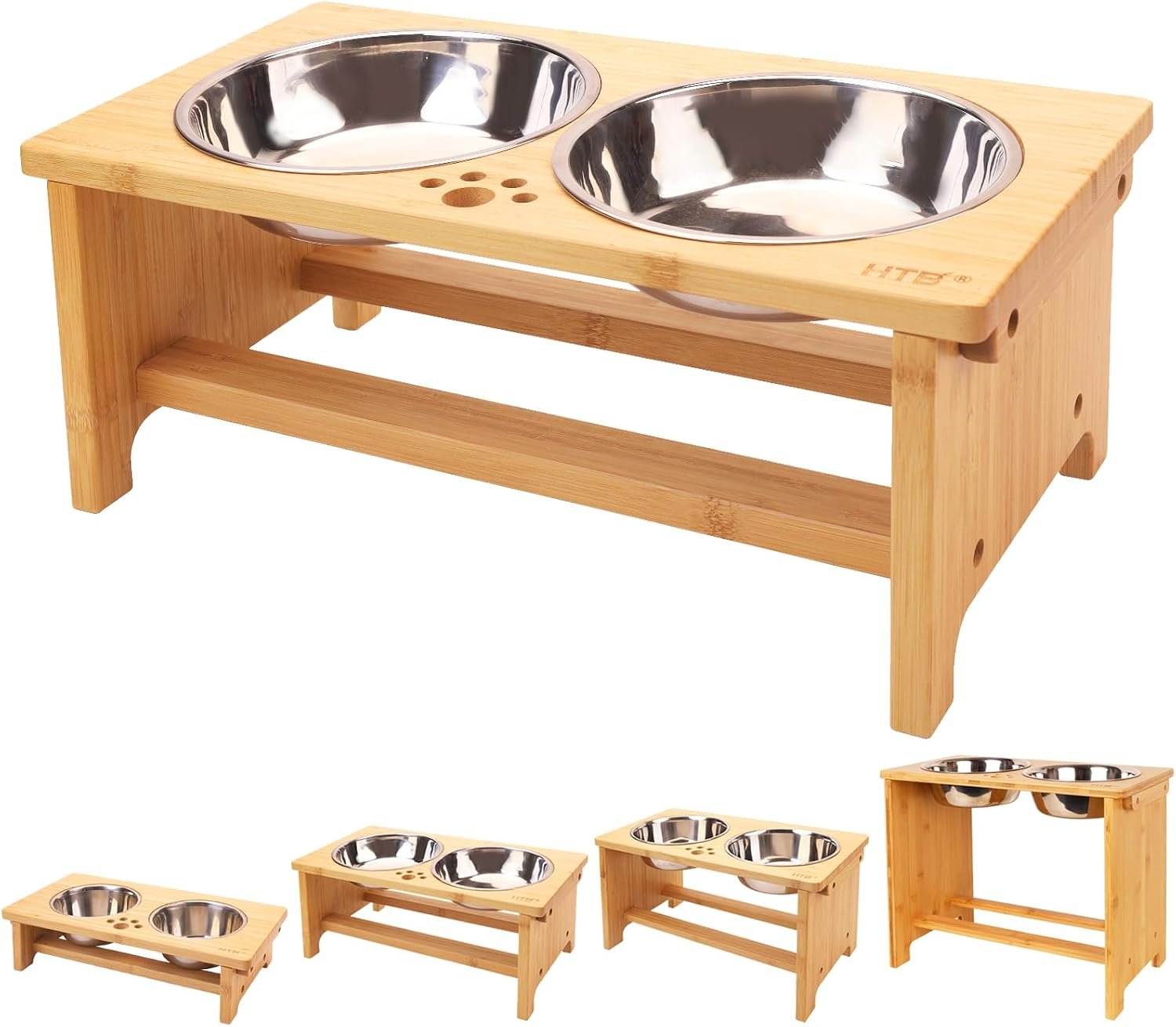 HTB Elevated Dog Bowl Stand with 2 Stainless Steel Bowls-7″ H Medium Bamboo