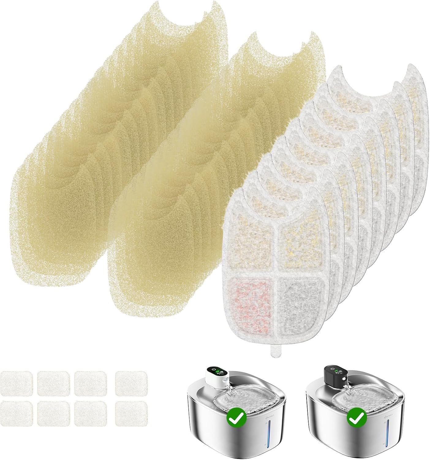 Wireless Cat Water Fountain Filter, 8 Pack Filters with 32 Pre-Filter Sponge for Cat Fountain Stainless Steel 135 fl oz, 6 Layer Replacement Filters for Pet Fountain Battery Operated