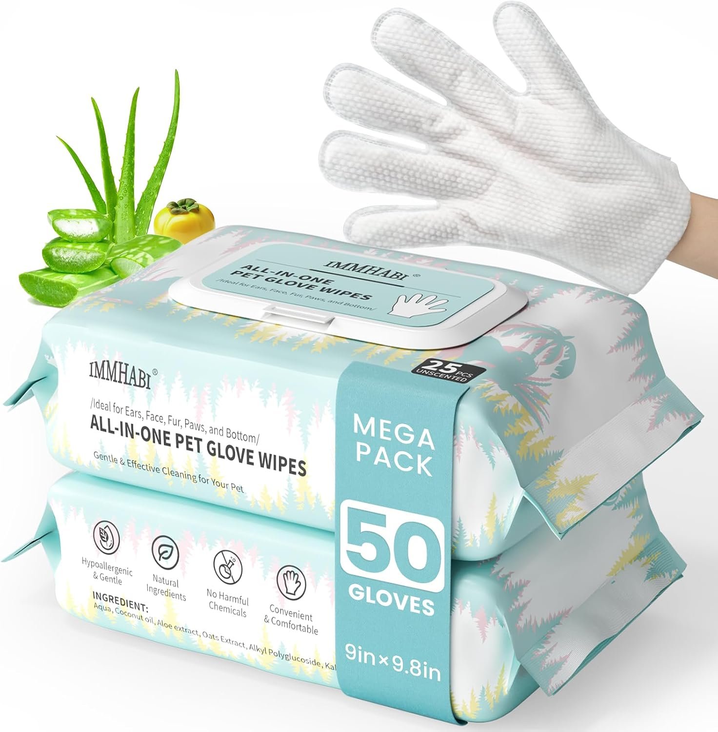 IMMHABI Hypoallergenic Pet Glove Wipes for Dogs & Cats, 50 Count