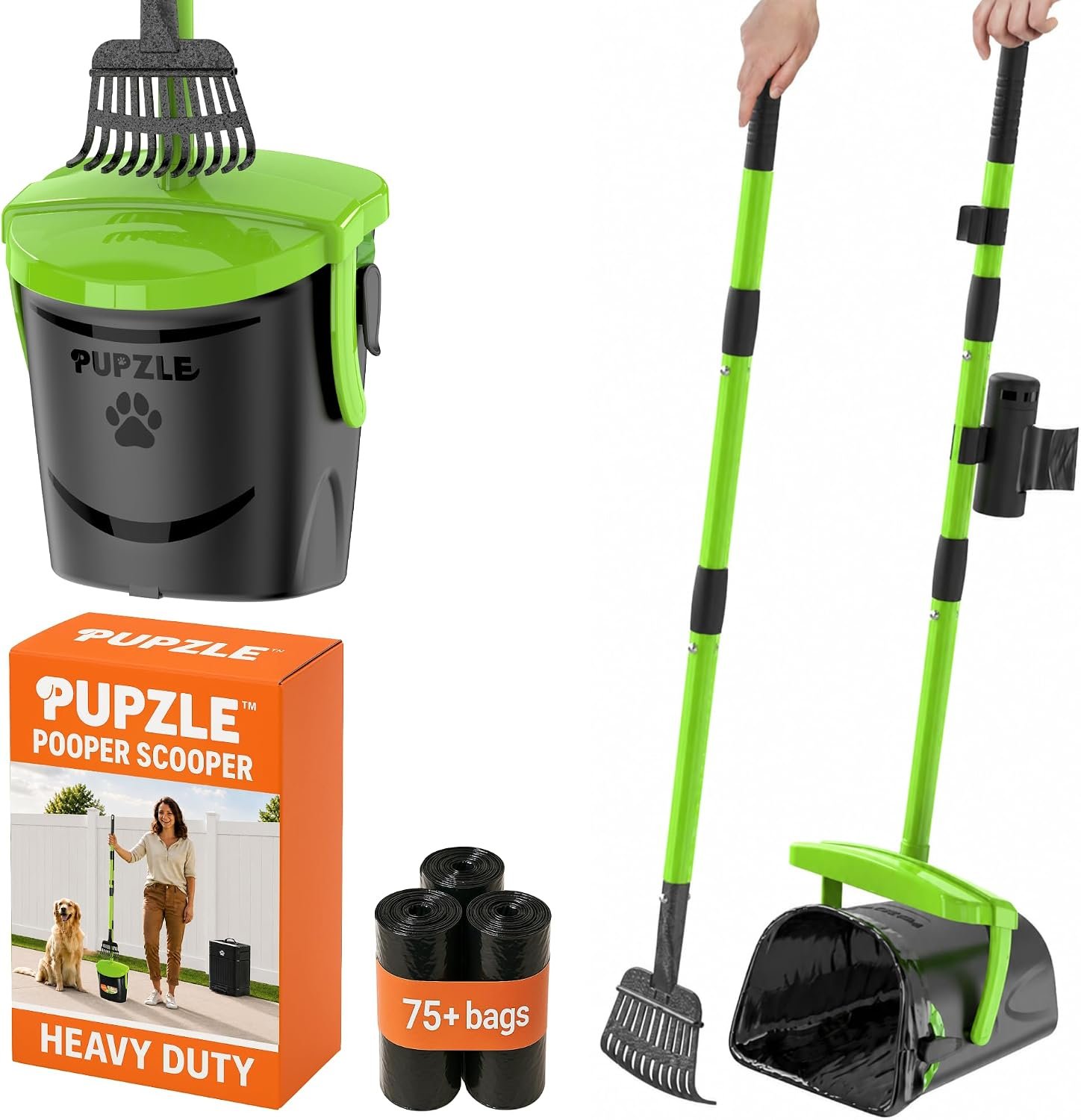 Pupzle Dog Pooper Scooper with Bag Attachment, 40″ Long Handle Dog Scooper